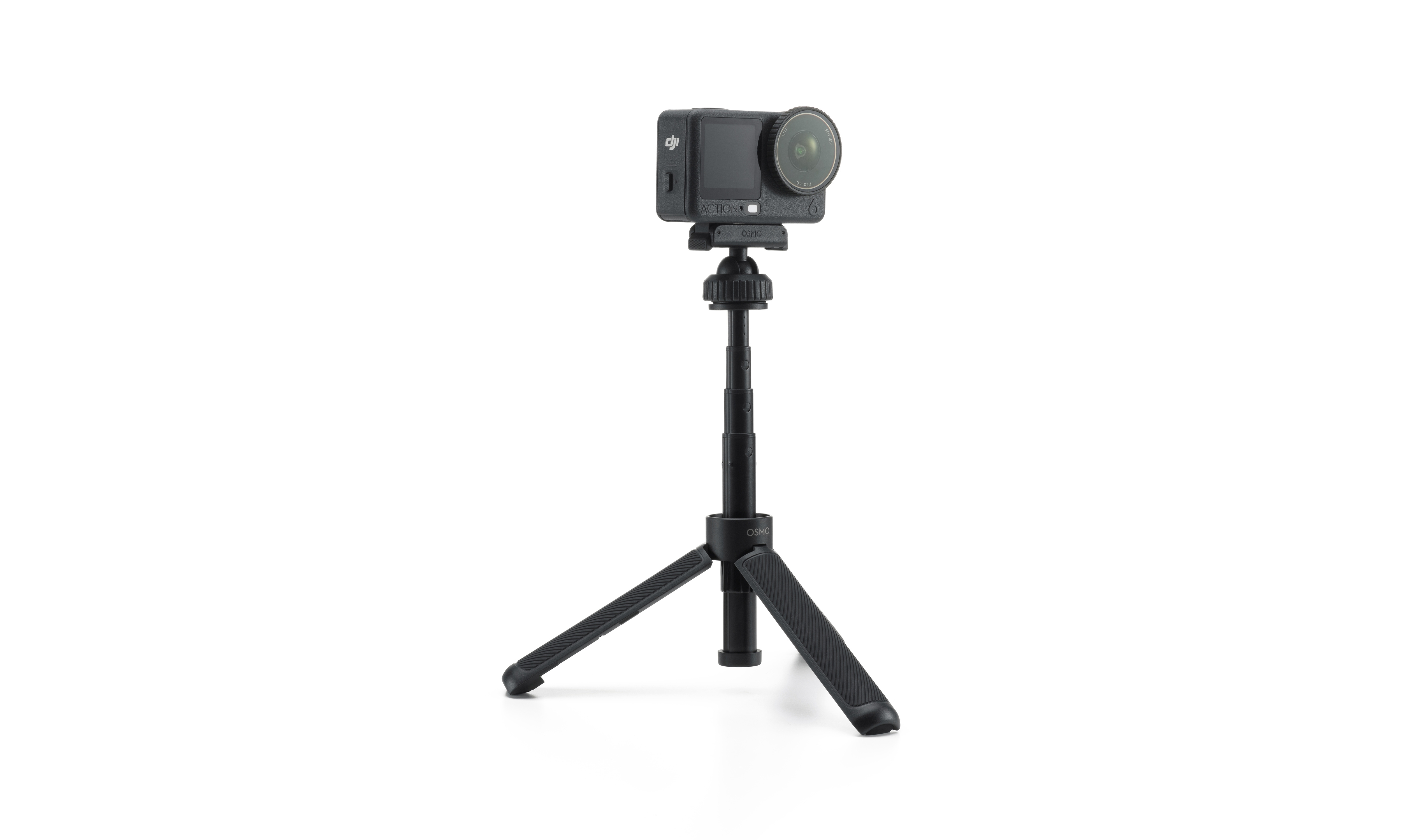 DJI Osmo Action Dual-Direction Mini Extension Rod mit Kamera, in aufrechter Position mit Stativbeinen.