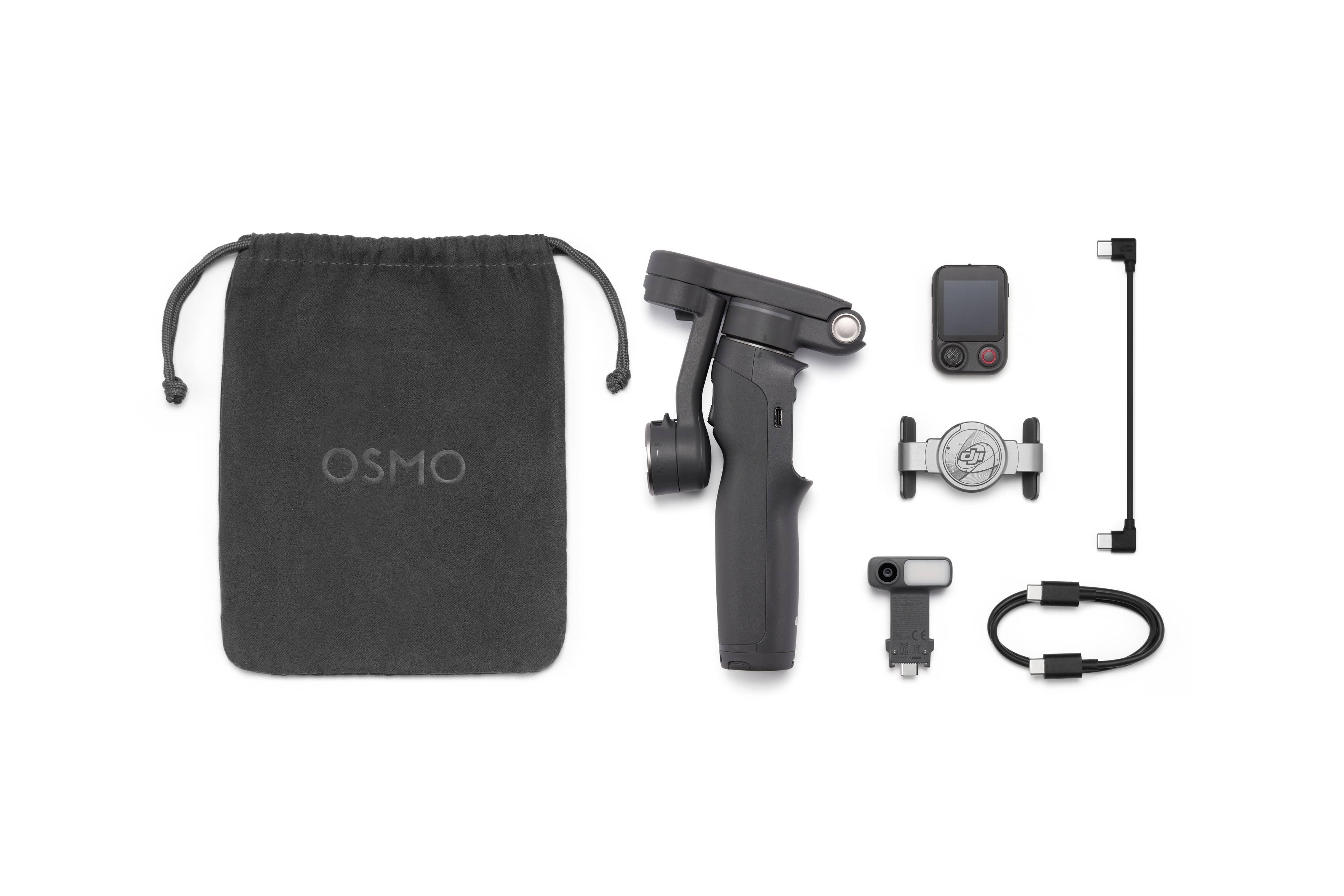 Lieferumfang des DJI Osmo Mobile 8P AdvancedTracking Combo mit Gimbal, Zubehör und Tragetasche.