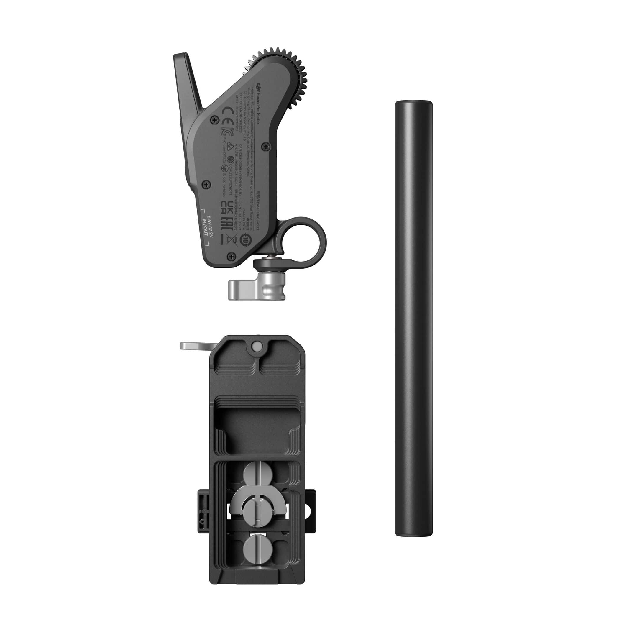 DJI Focus Pro Motor: Übersicht mit Motor, Riemenscheibe und Montagesäule für präzise Fokussierung.