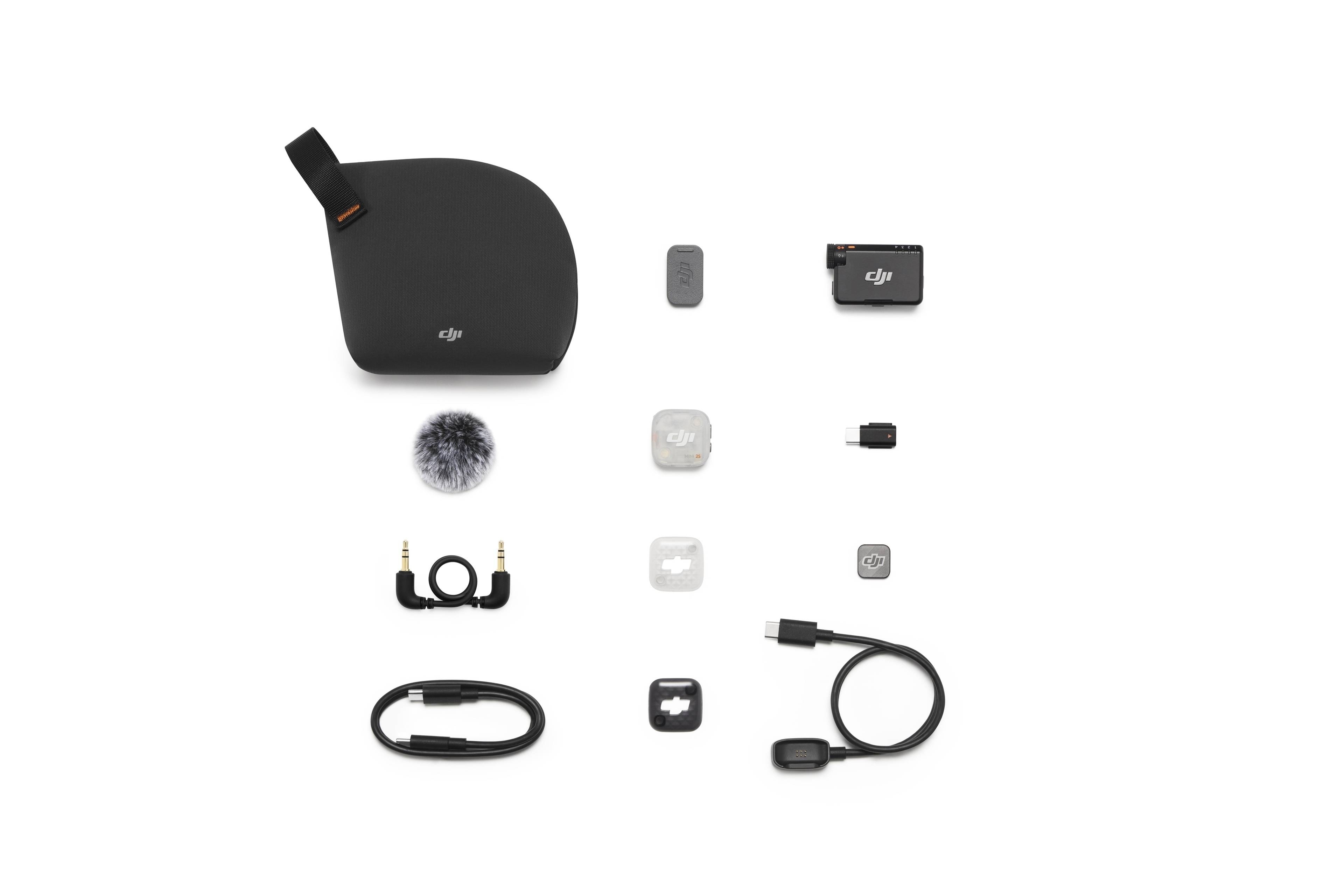 DJI Mic Mini 2S (1 TX + 1 RX): Zubehör-Set mit Mikrofon, Windschutz, Kabel und mehreren Adaptern.