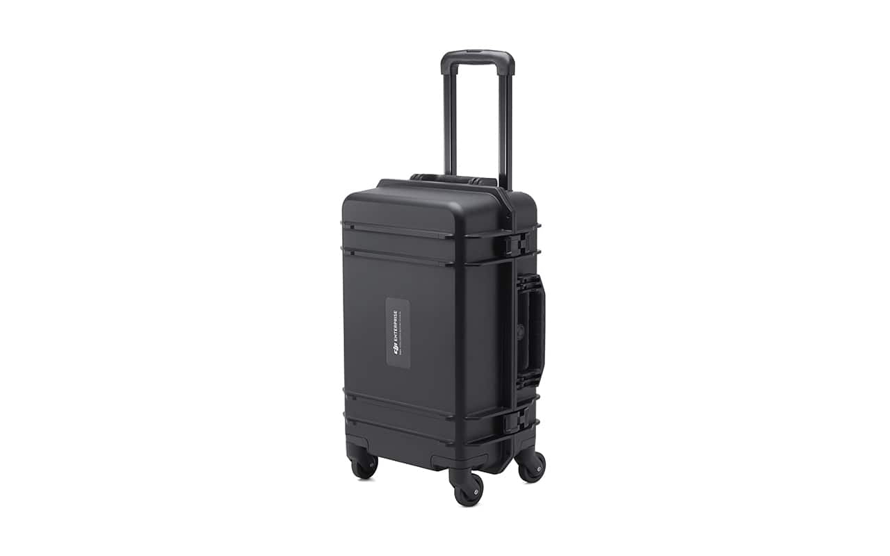 DJI Matrice 350 RTK BS65: Schwarze, tragbare Ladestation mit Rollen und Teleskopgriff.