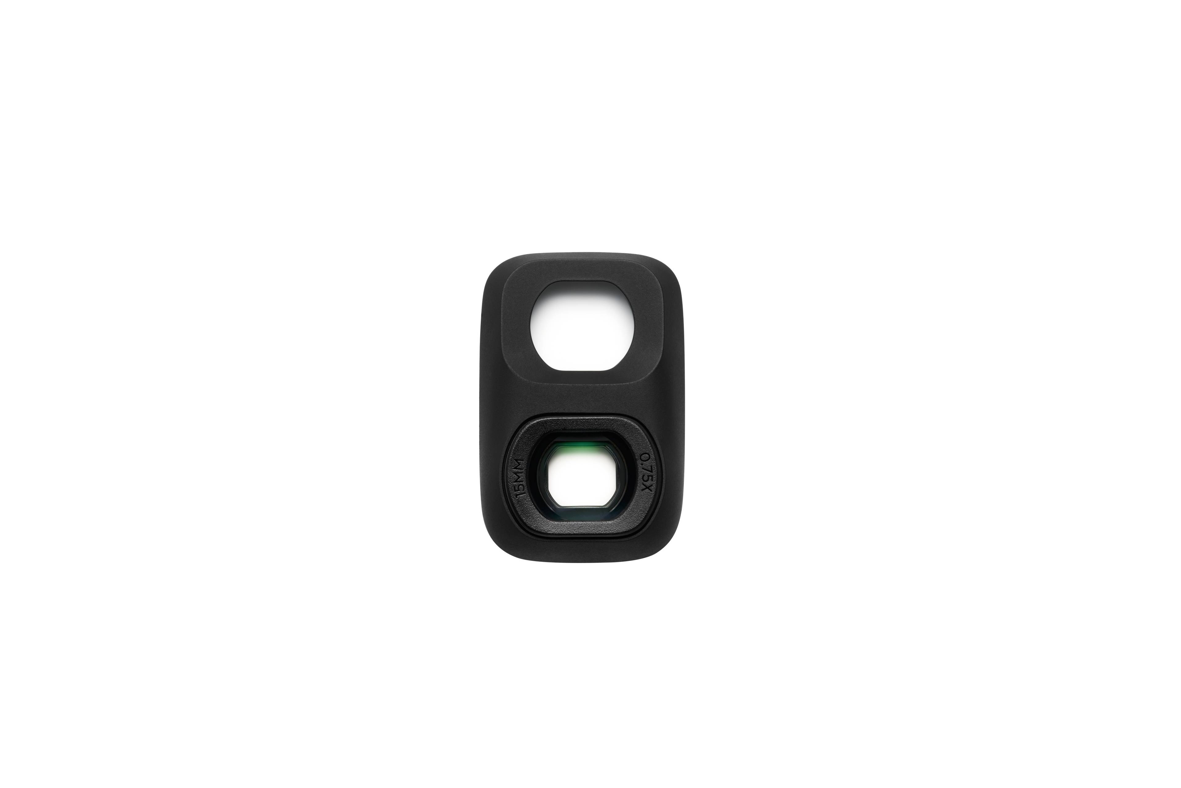 DJI Osmo Pocket 4P Weitwinkelobjektiv in schwarzer Farbe, mit transparentem Linseneinsatz für Weitwinkelaufnahmen.