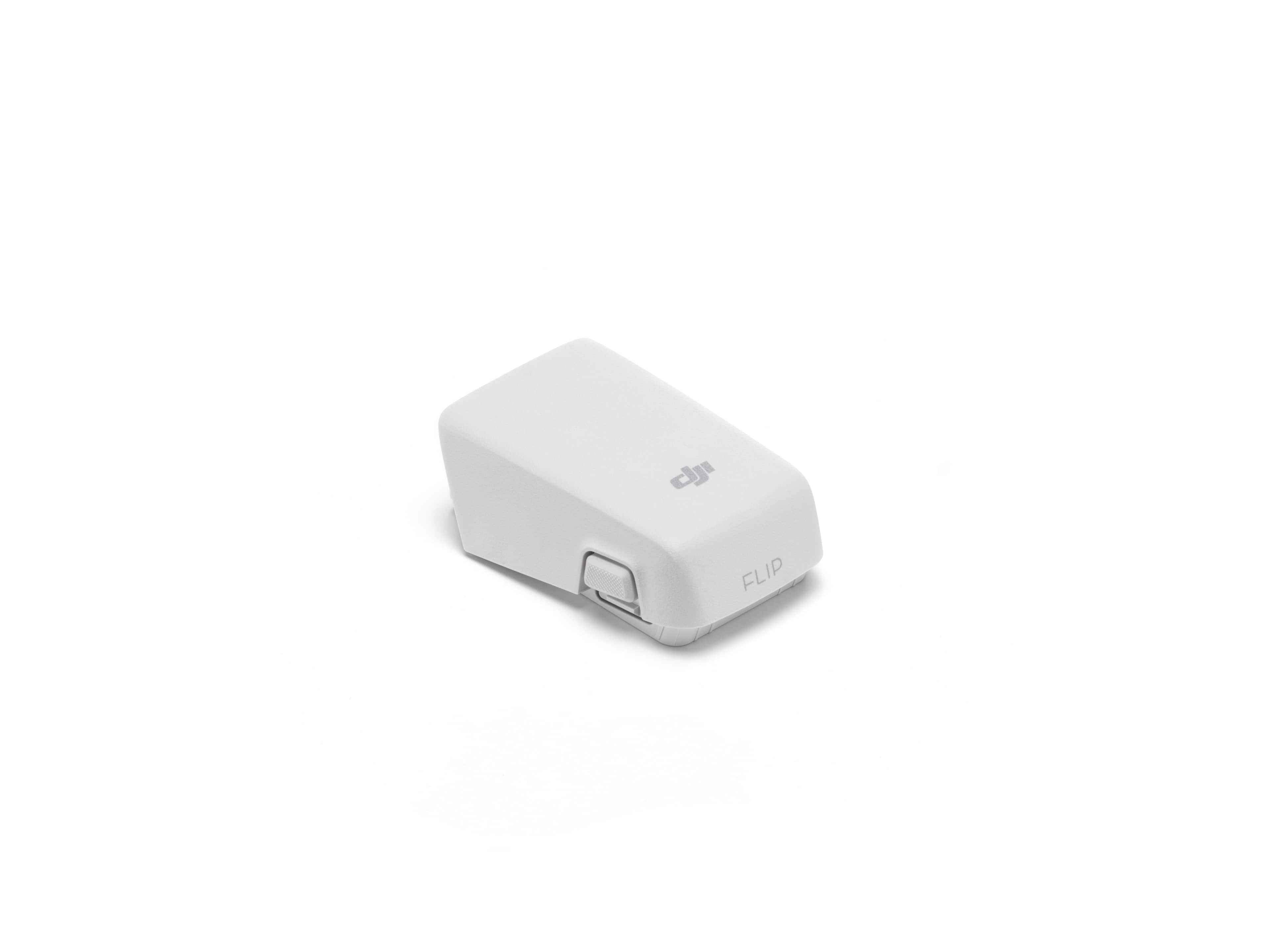 Seitliche Ansicht der DJI Flip Intelligent Flight Battery in elegantem weißen Design.