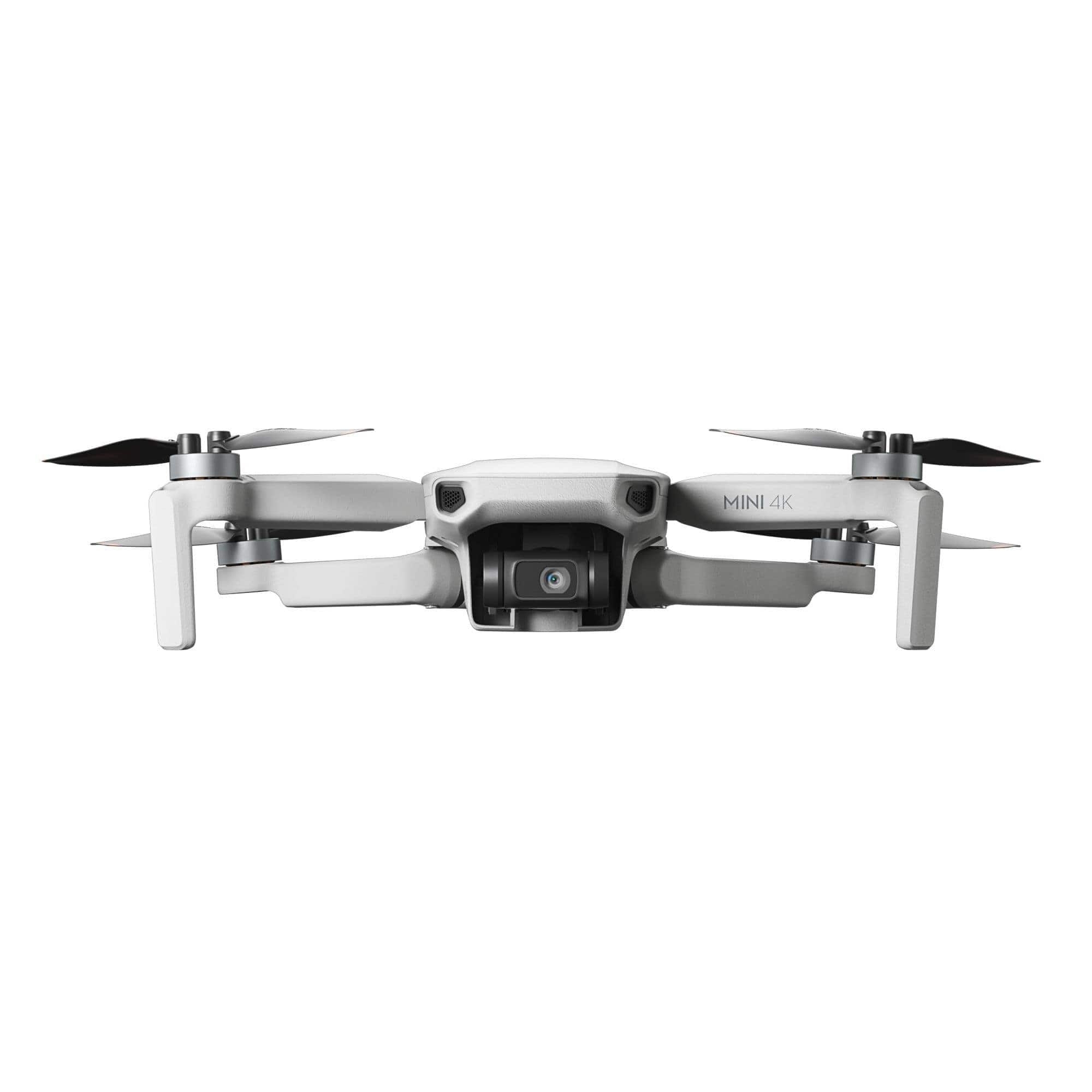 Frontalansicht der DJI Mini 4K Drohne mit ausgeklappten Propellern und Kamera.