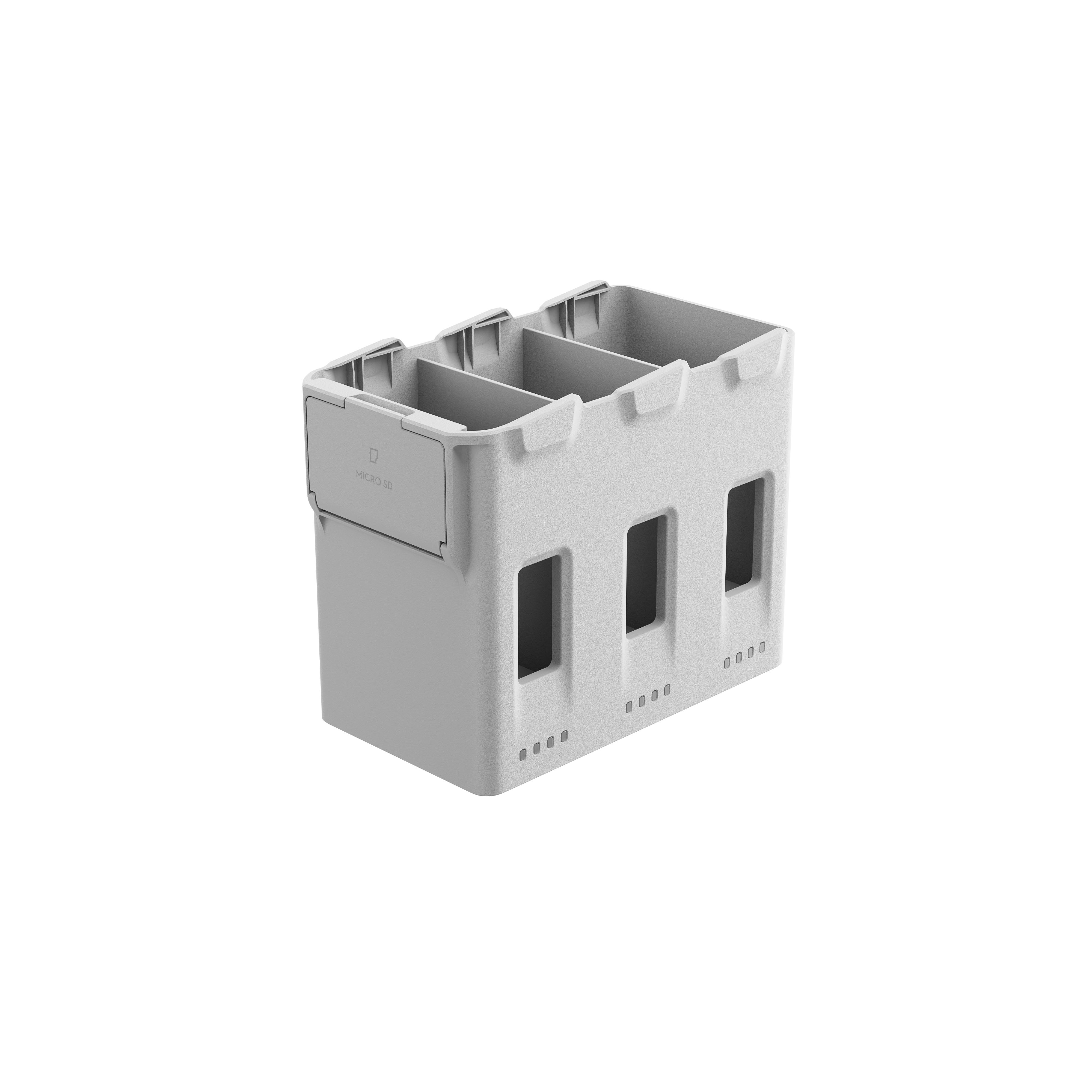 Seitenansicht des DJI Lito 1 Two-Way Charging Hub in grau mit 3 Fächern für Akkus.