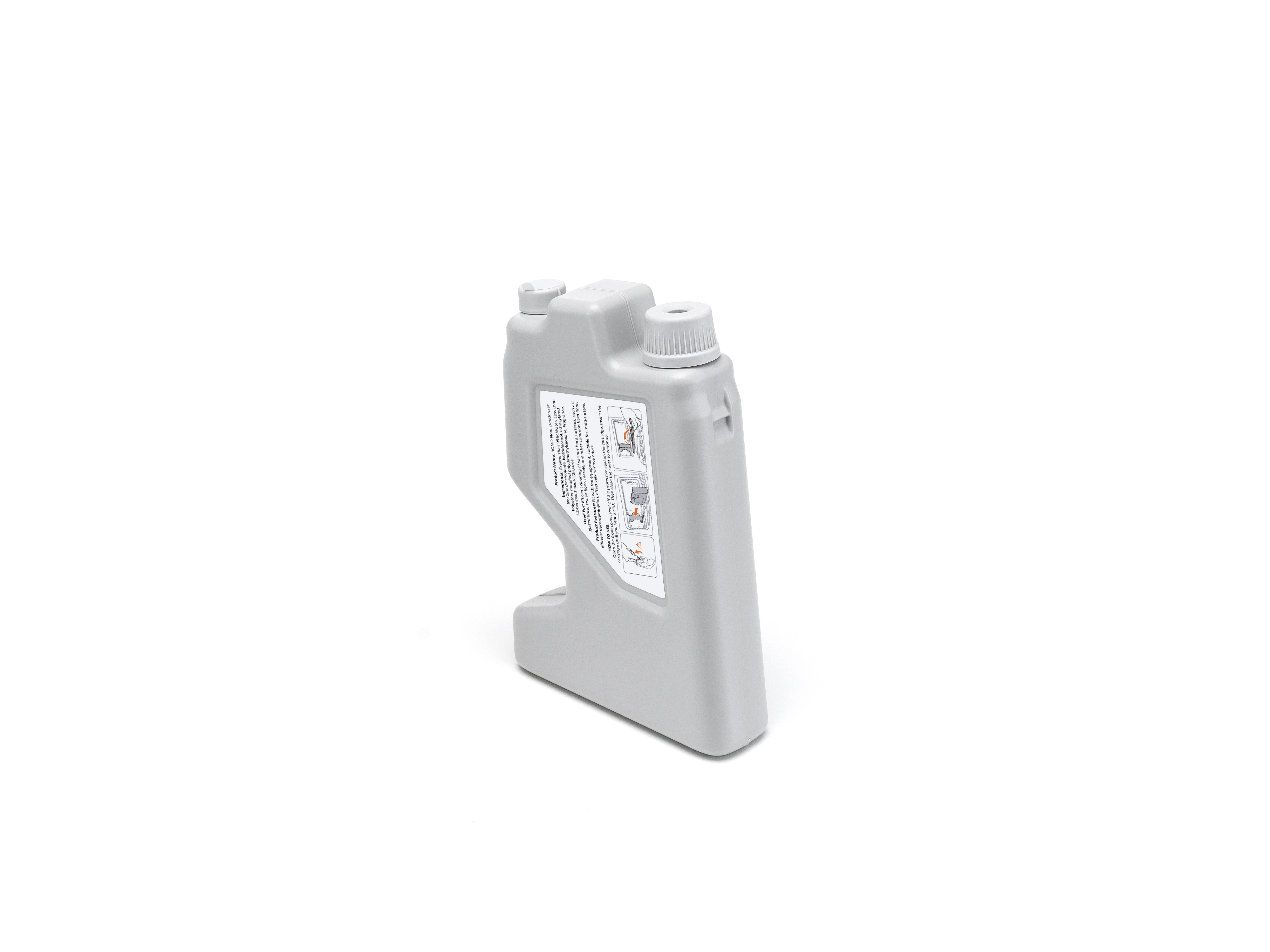 DJI ROMO Floor Deodorizer in grauem Behälter mit Ausgießöffnung für einfache Anwendung.