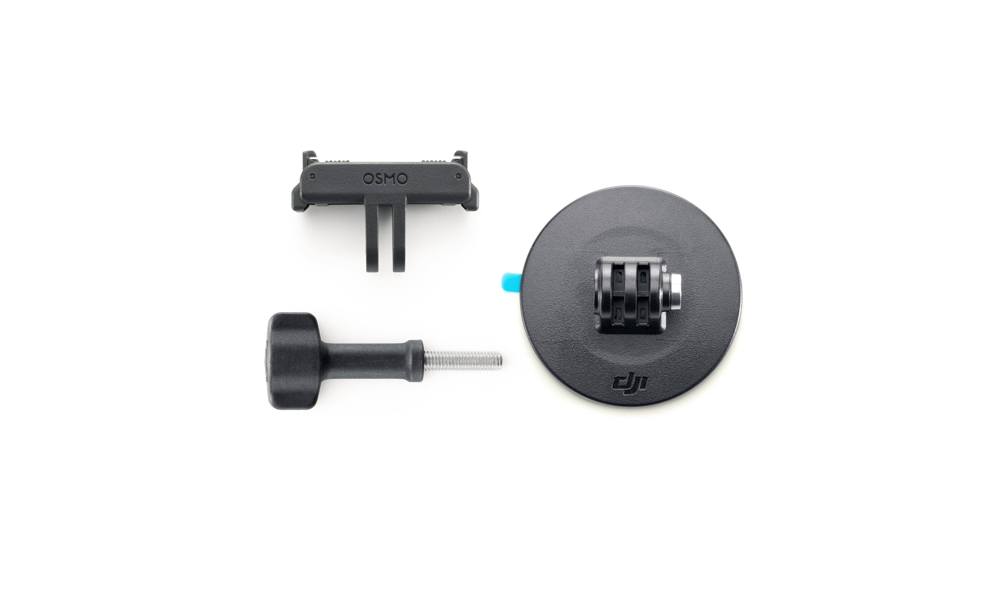 DJI Osmo Flat Adhesive Base Kit mit schneller Doppelauslösung und Montagezubehör auf einem weißen Hintergrund.