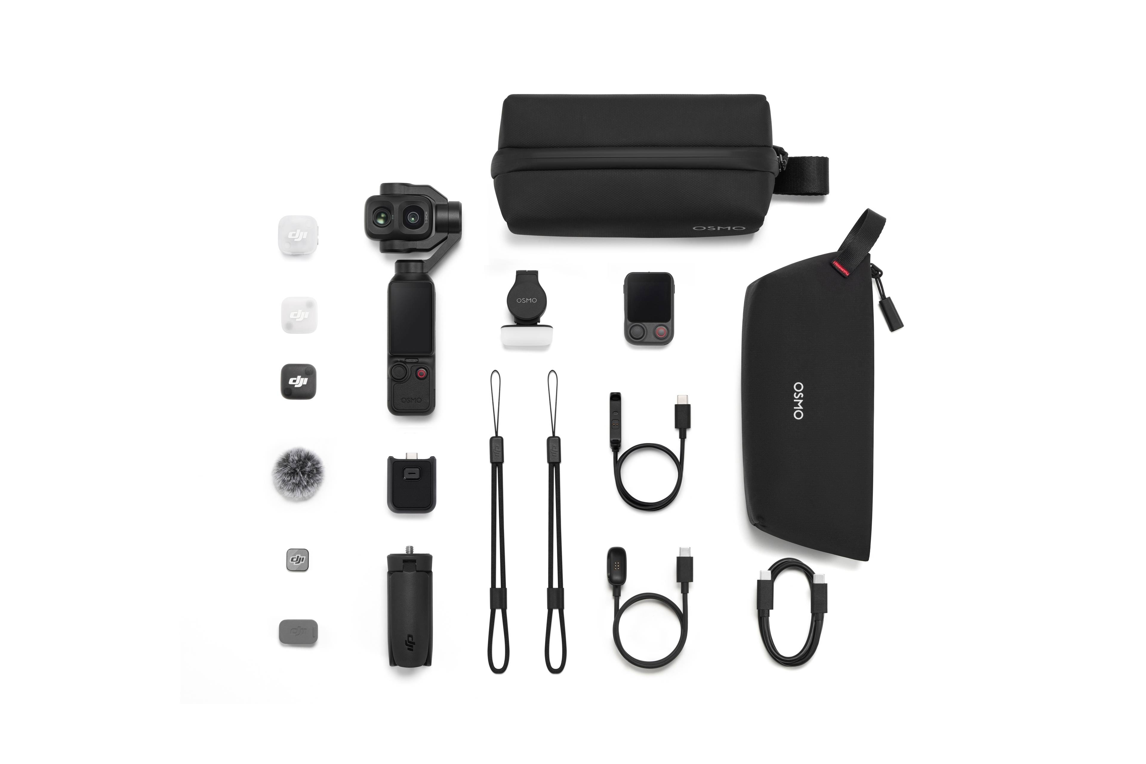 DJI Osmo Pocket 4P Vlog Combo: Komplettset mit Kamera, Taschen, Zubehör und Halterungen in Schwarz.