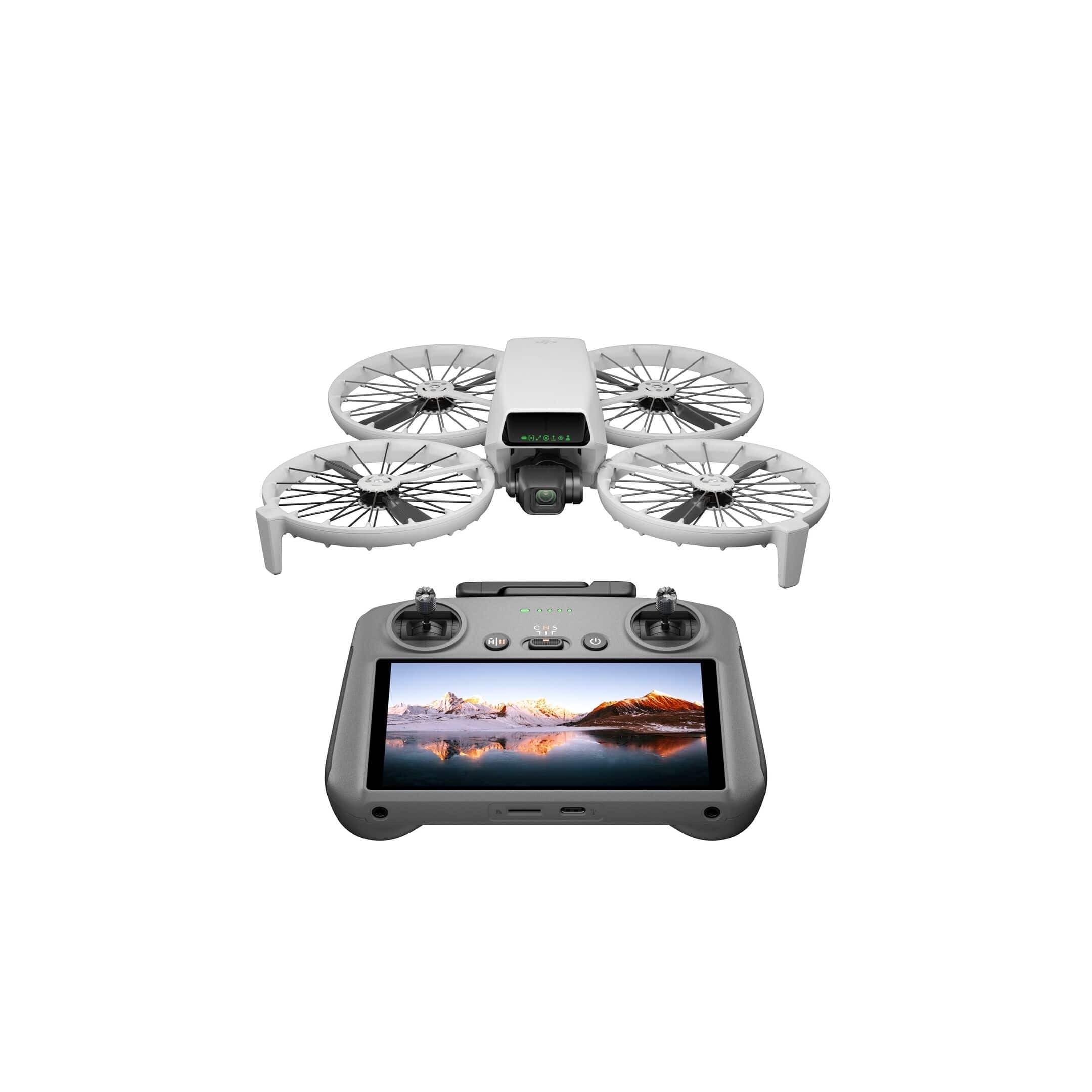 DJI Flip (DJI RC2): Drohne mit vier Propellern und Steuerung im Vordergrund.