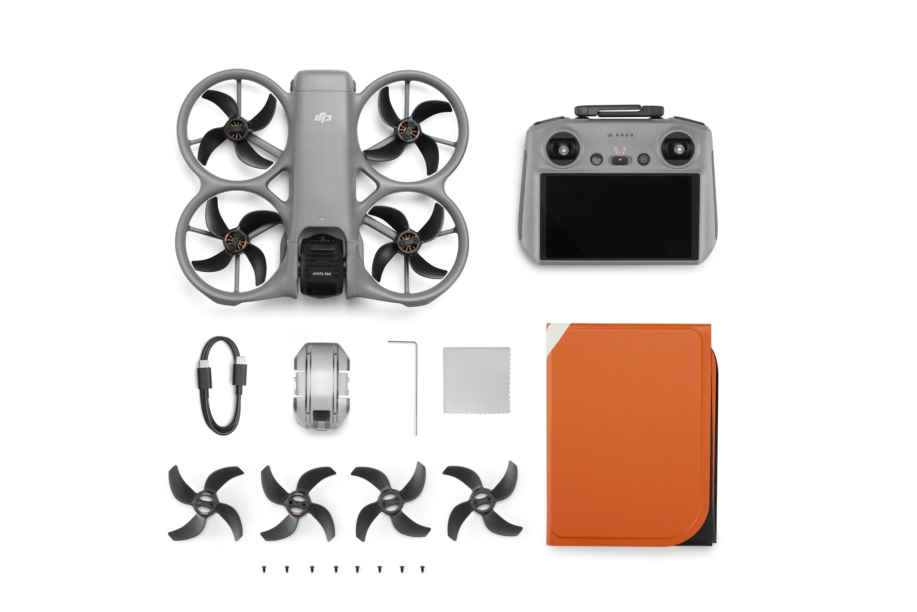 DJI Avata 360 (DJI RC 2) im Lieferumfang mit Drohne, Fernbedienung, Zubehör und Propellern.