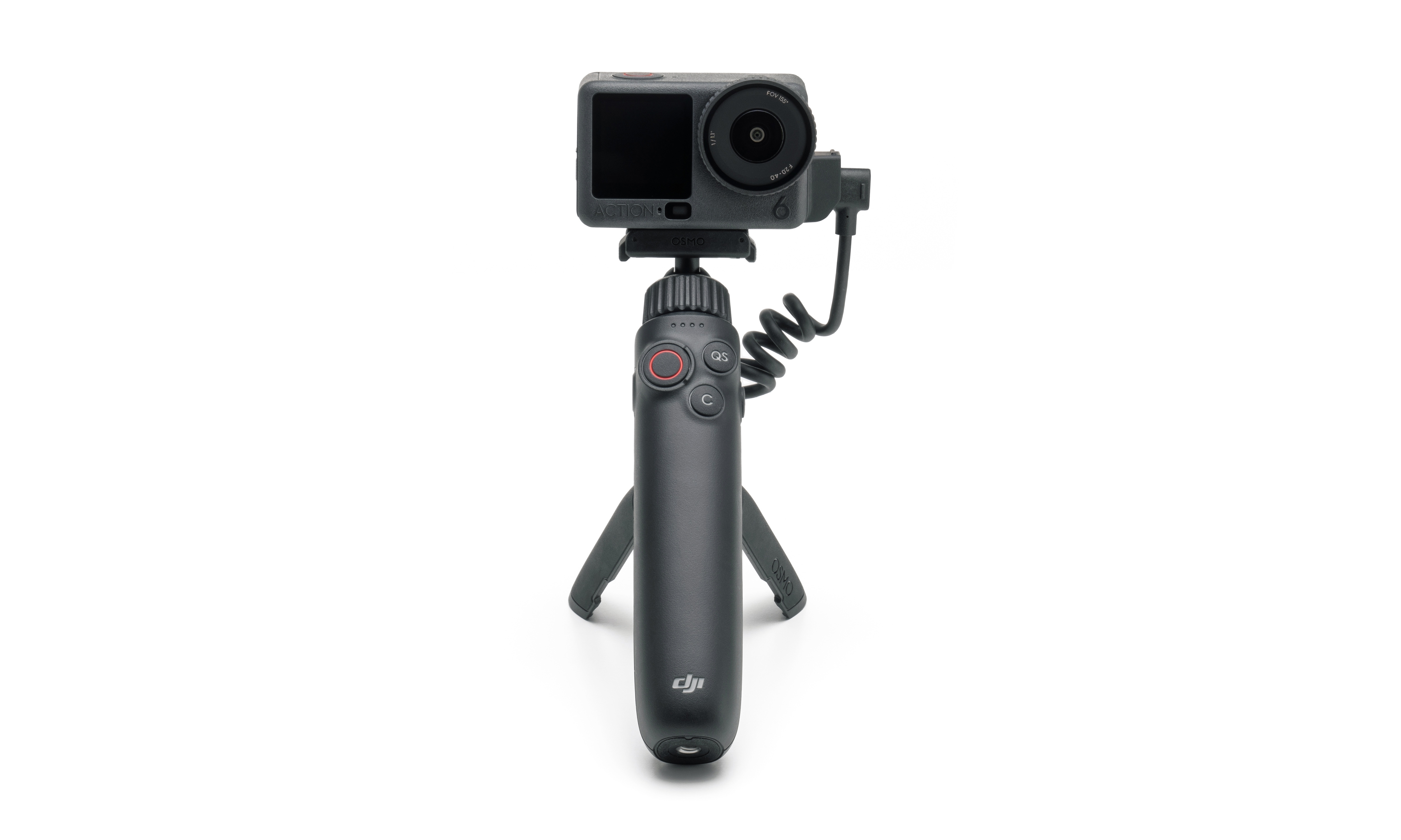 DJI Osmo Action Dual-Direction Battery Handle mit DJI Action 6, kompakte Halterung mit Griff und Stativfunktion.