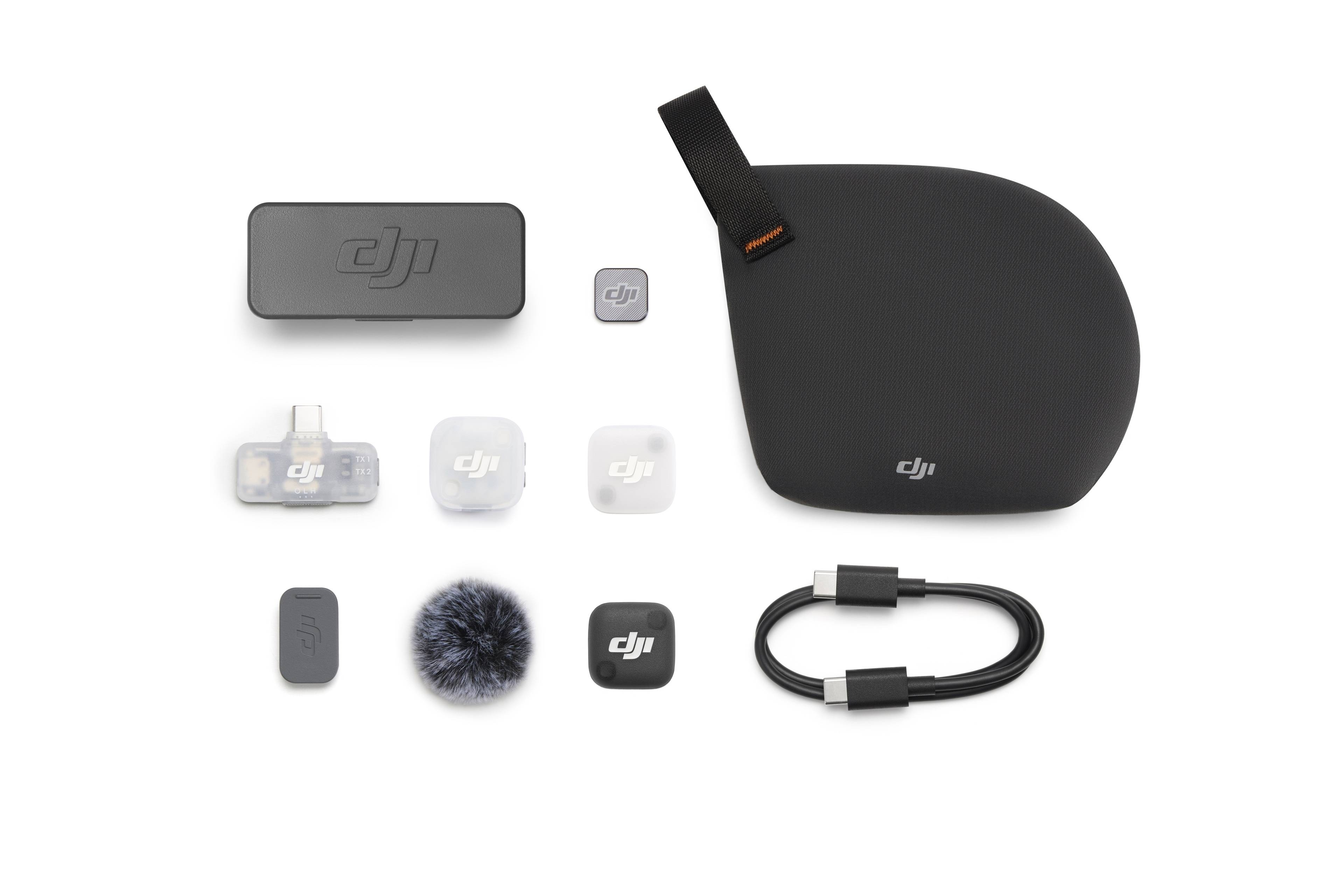 Lieferumfang des DJI Mic Mini 2: 1 TX, 1 Mobile RX, Ladecase und Zubehör.