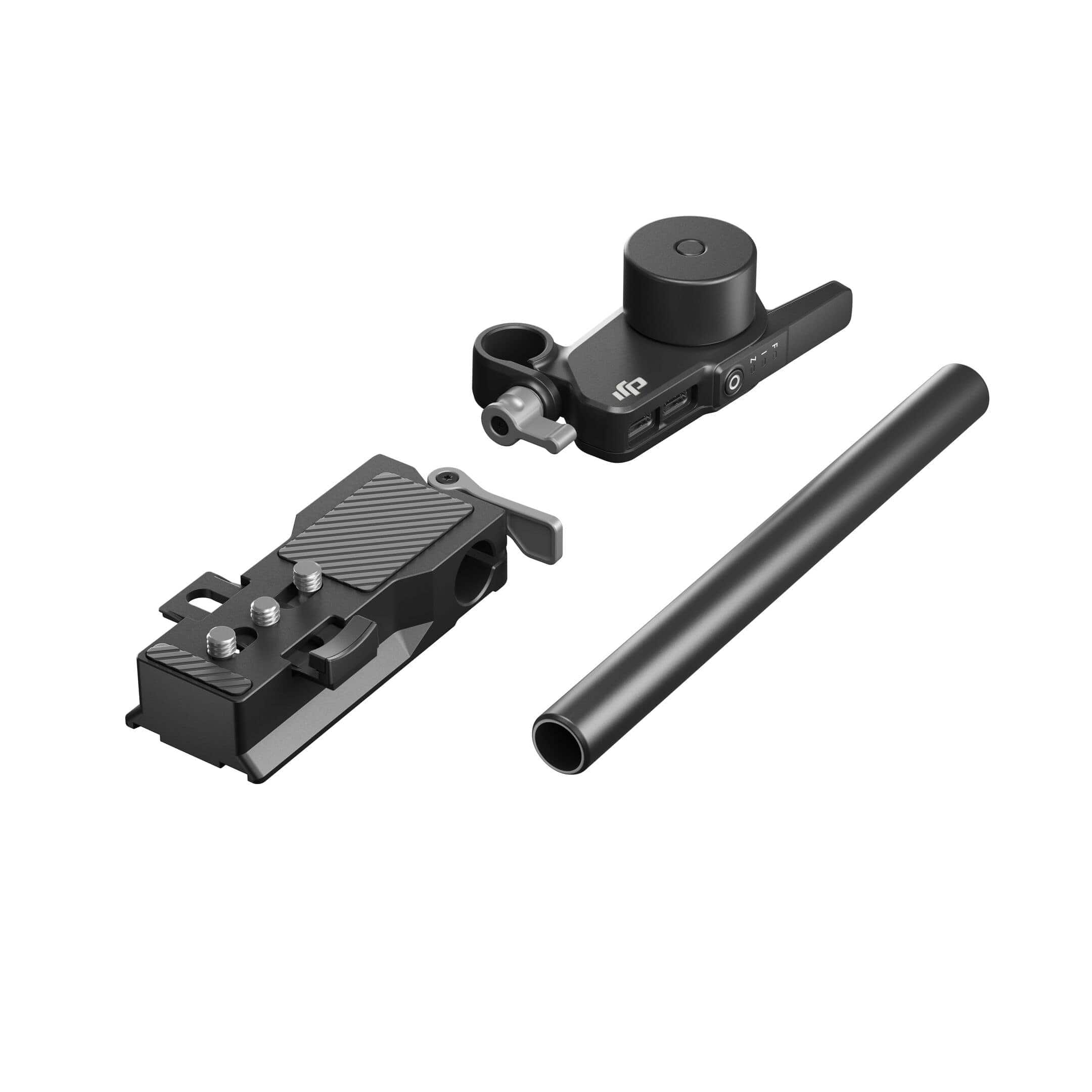 DJI Focus Pro Motor: Zubehör mit Motor, Montageplatte und Adapterrohr für Fokussteuerung.