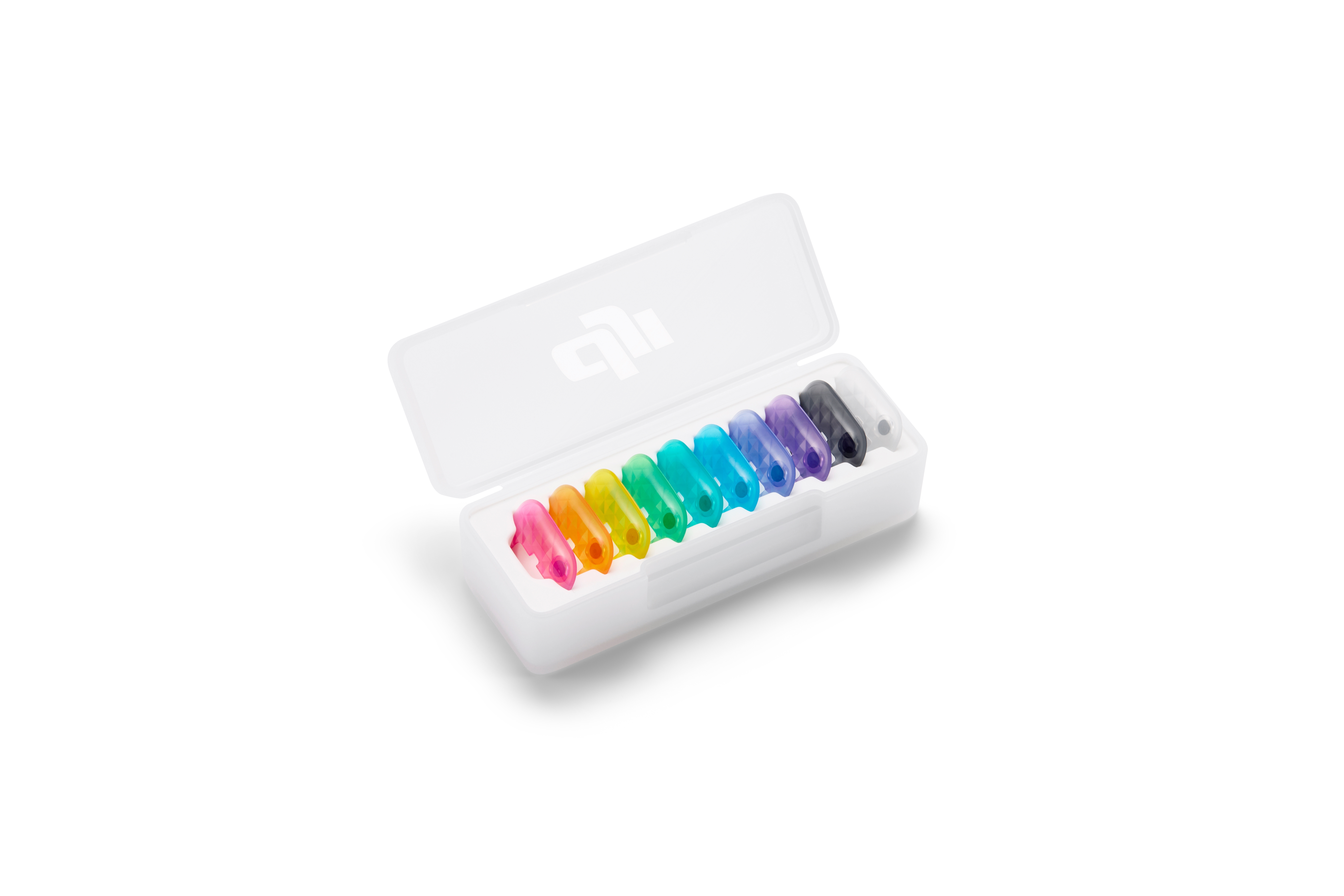 DJI Mic Mini 2S: Set aus mehrfarbigen magnetischen Frontabdeckungen in einer praktischen Box.