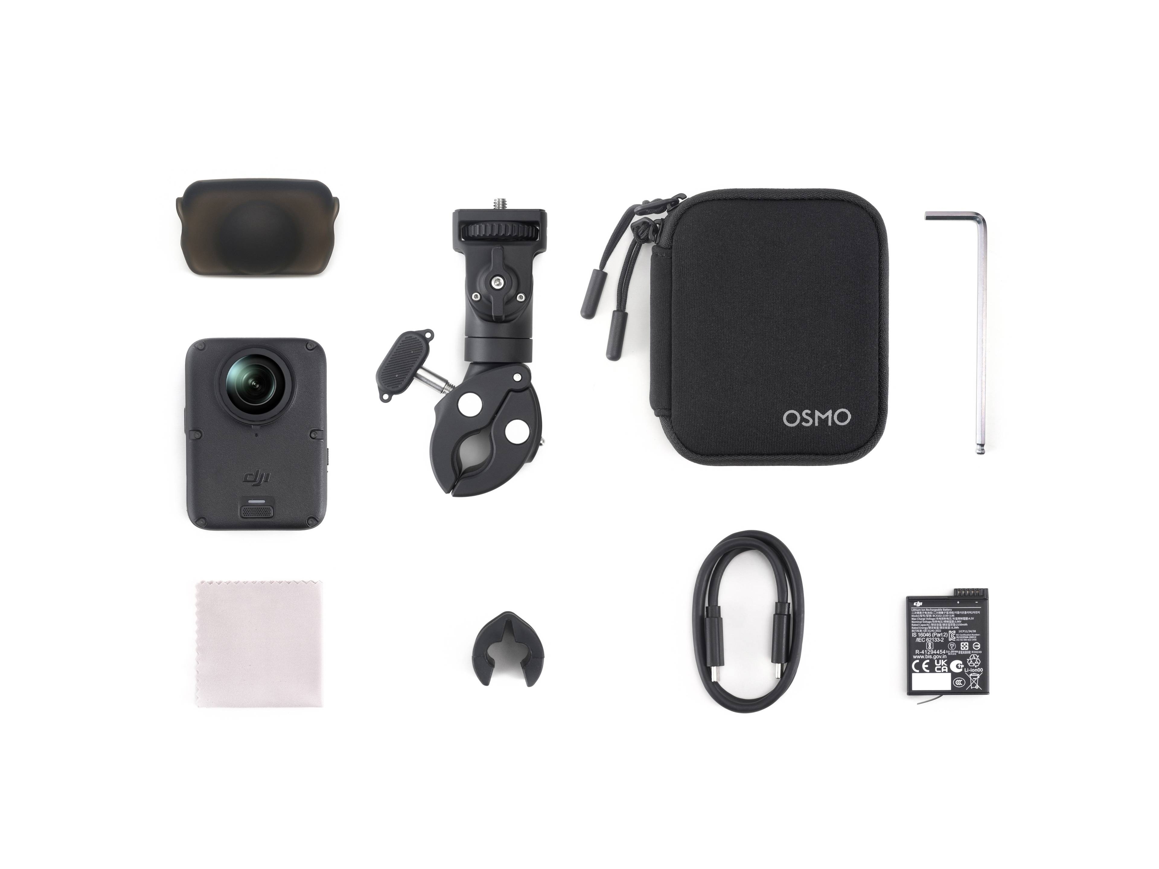 Zubehör und Teile des DJI Osmo 360 II Limitless Riding Combo, inklusive Kamera, Halterung und Tragetasche.