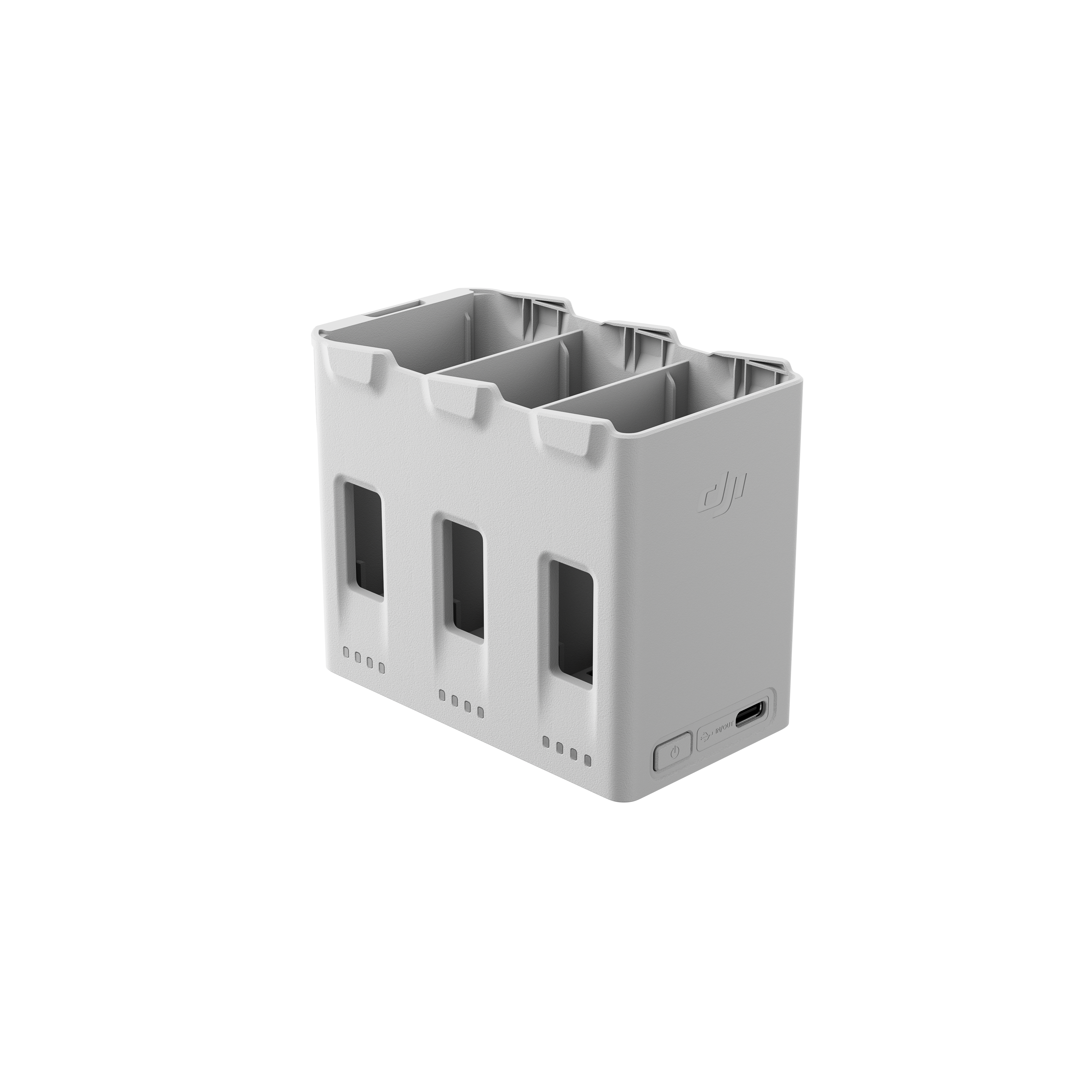 Seitenansicht des DJI Lito 1 Two-Way Charging Hub mit Platz für drei Akkus und USB-Anschluss.