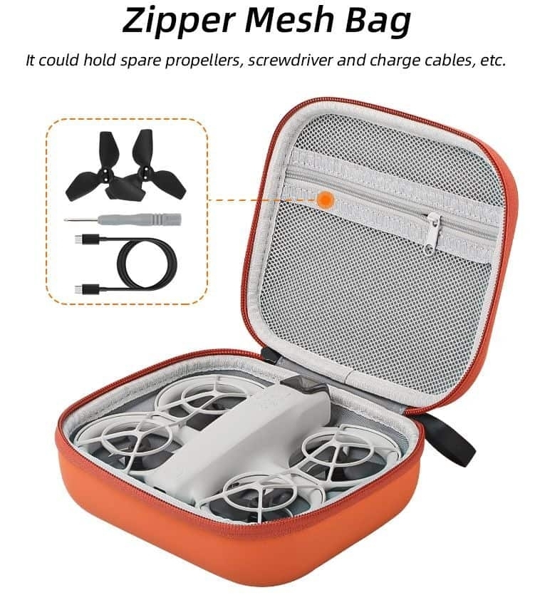 Detailansicht der SUNNYLIFE Tragetasche für DJI Neo mit Zipper und Platz für Zubehör wie Propeller und Kabel.