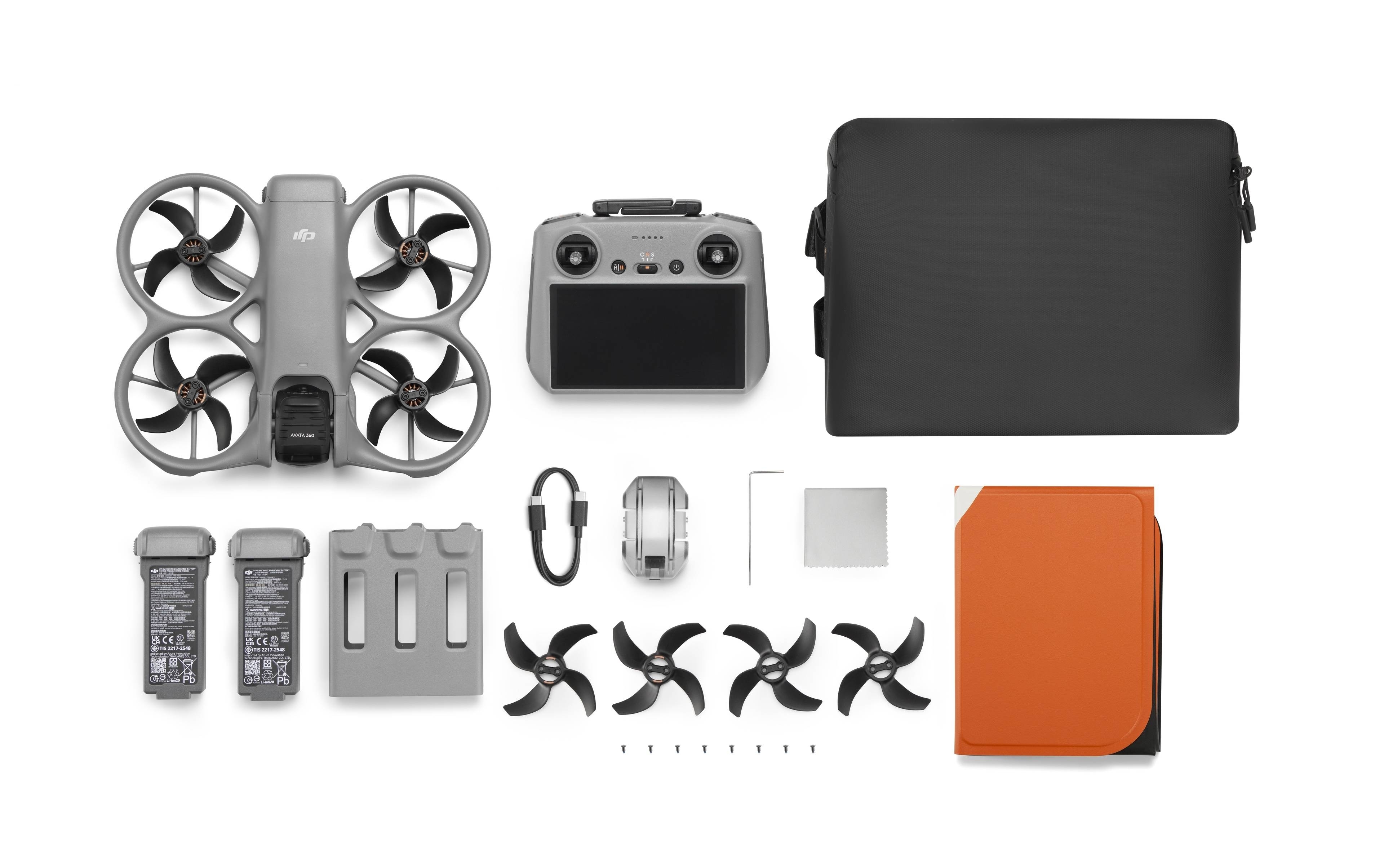 DJI Avata 360 Fly More Combo (DJI RC 2) mit Drohne, Controller, Akku und Zubehör in der Übersicht.