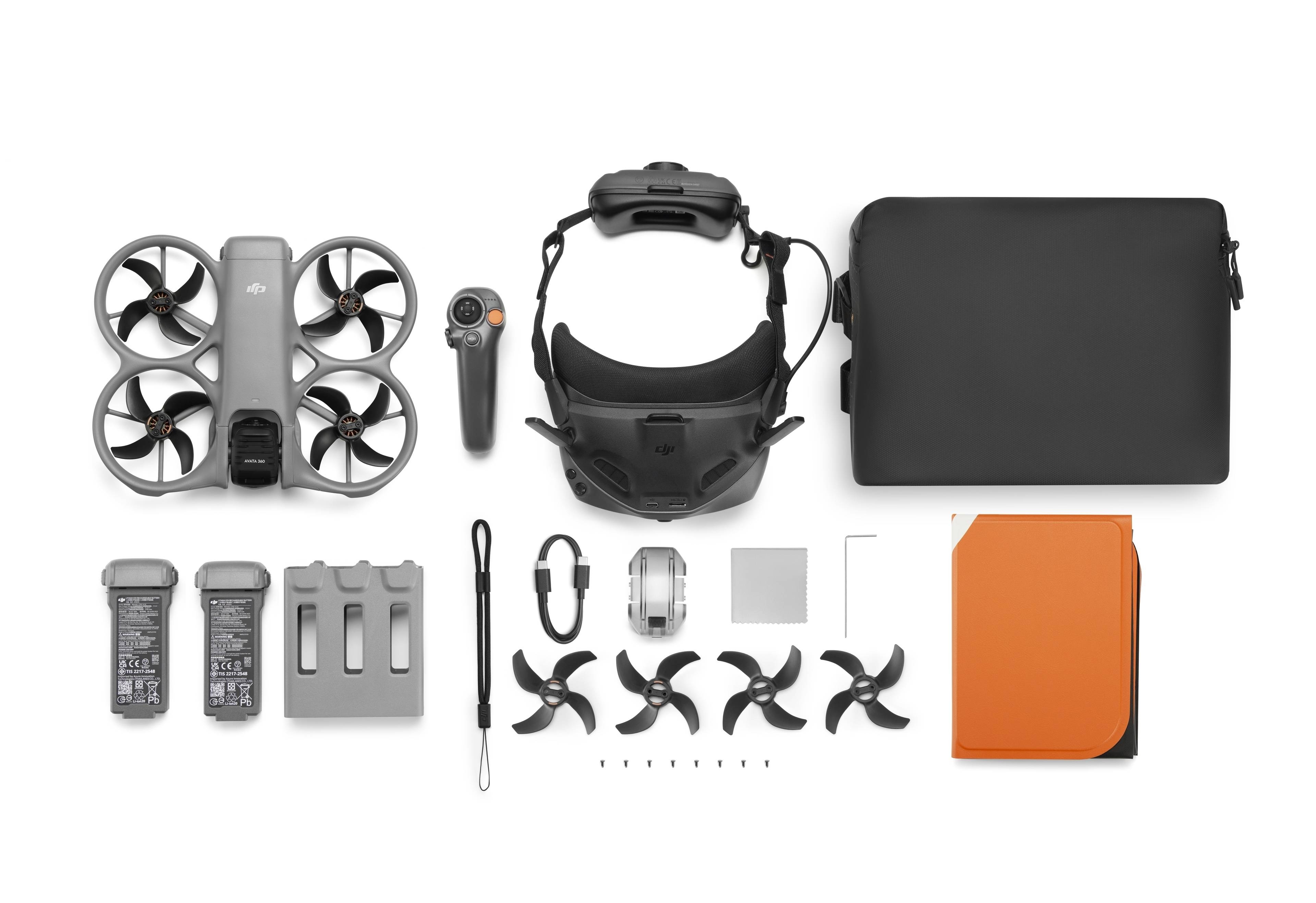 DJI Avata 360 Motion Fly More Combo mit DJI Goggles N3, Steuerung, Batterien und Tasche.