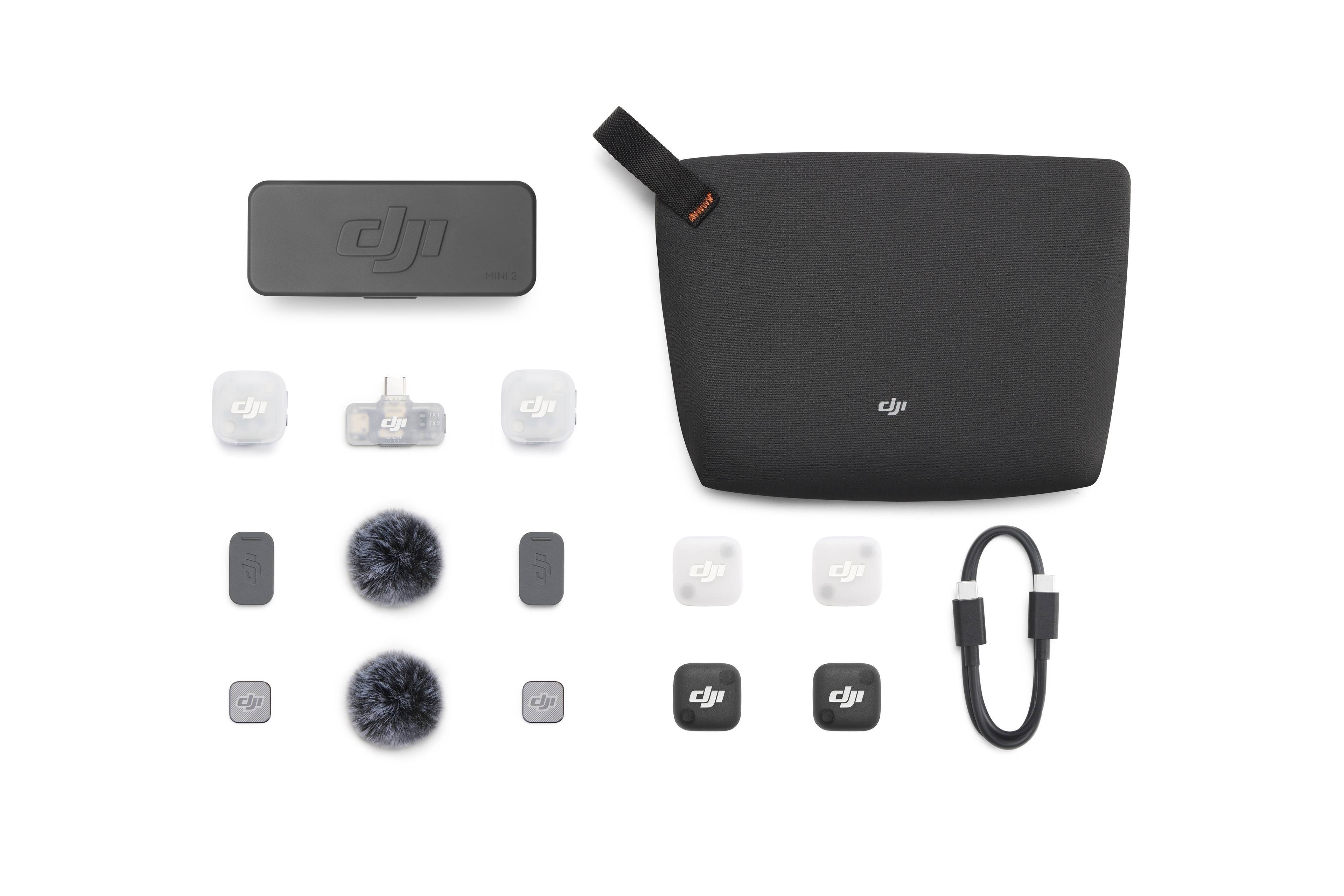 Lieferumfang des DJI Mic Mini 2: 2 TX, 1 mobiler RX, Ladecase und verschiedene Zubehörteile.