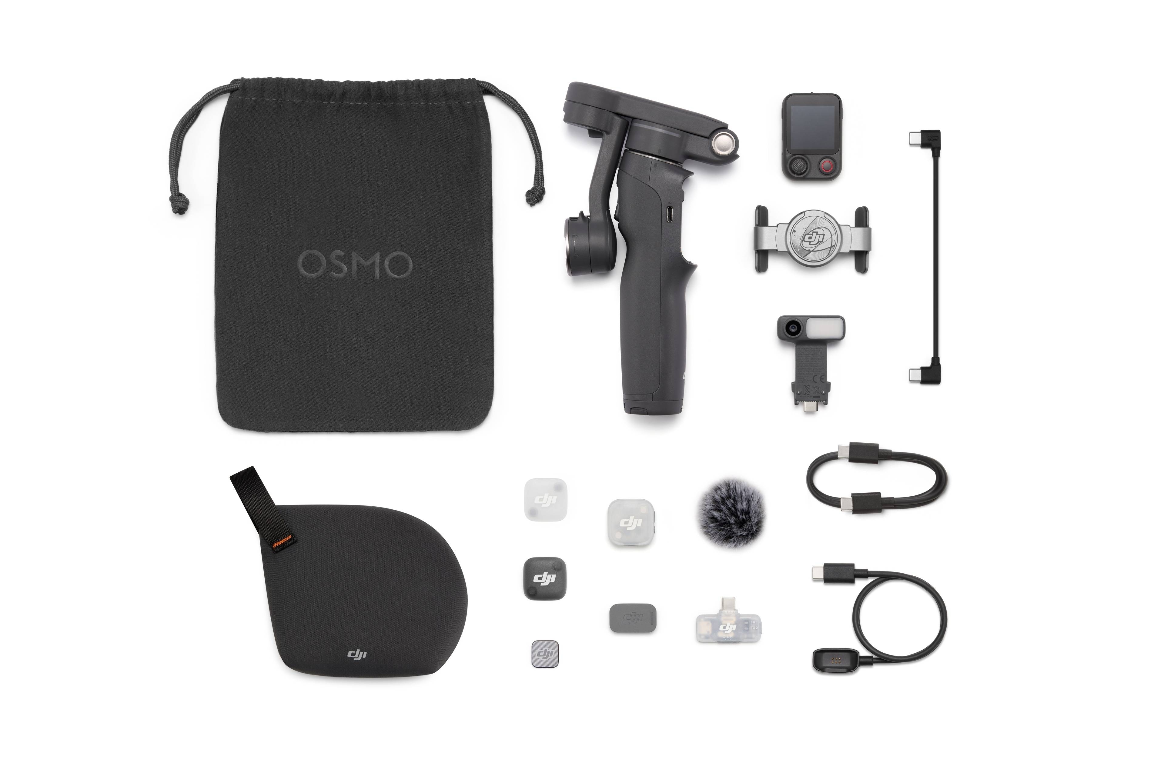 DJI Osmo Mobile 8P Creator Combo: Zubehör im Lieferumfang, einschließlich Haltegriff, Tasche und Adaptern.
