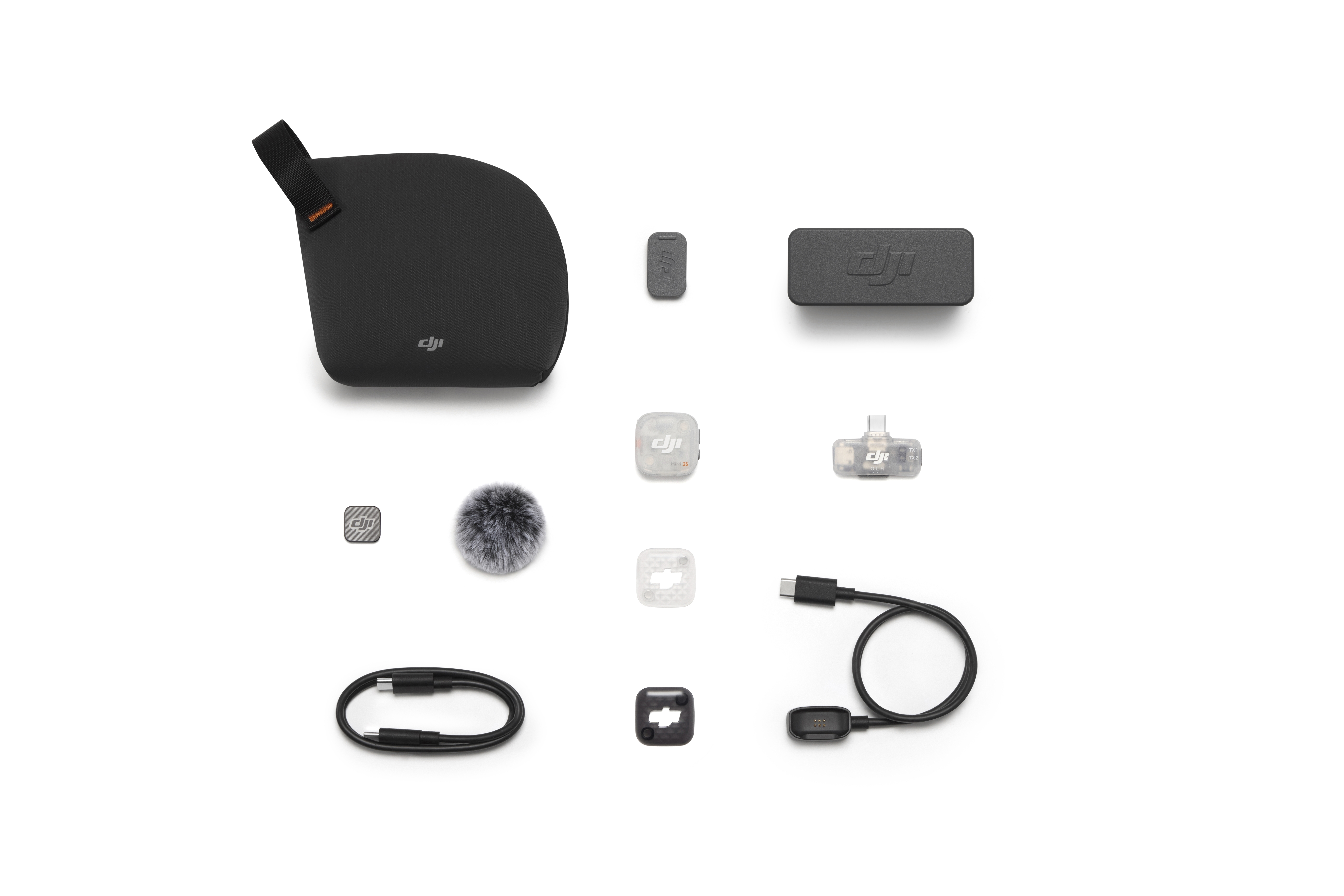 Zubehör des DJI Mic Mini 2S: 1 TX, 1 Mobile RX, Ladecase und weitere Komponenten.