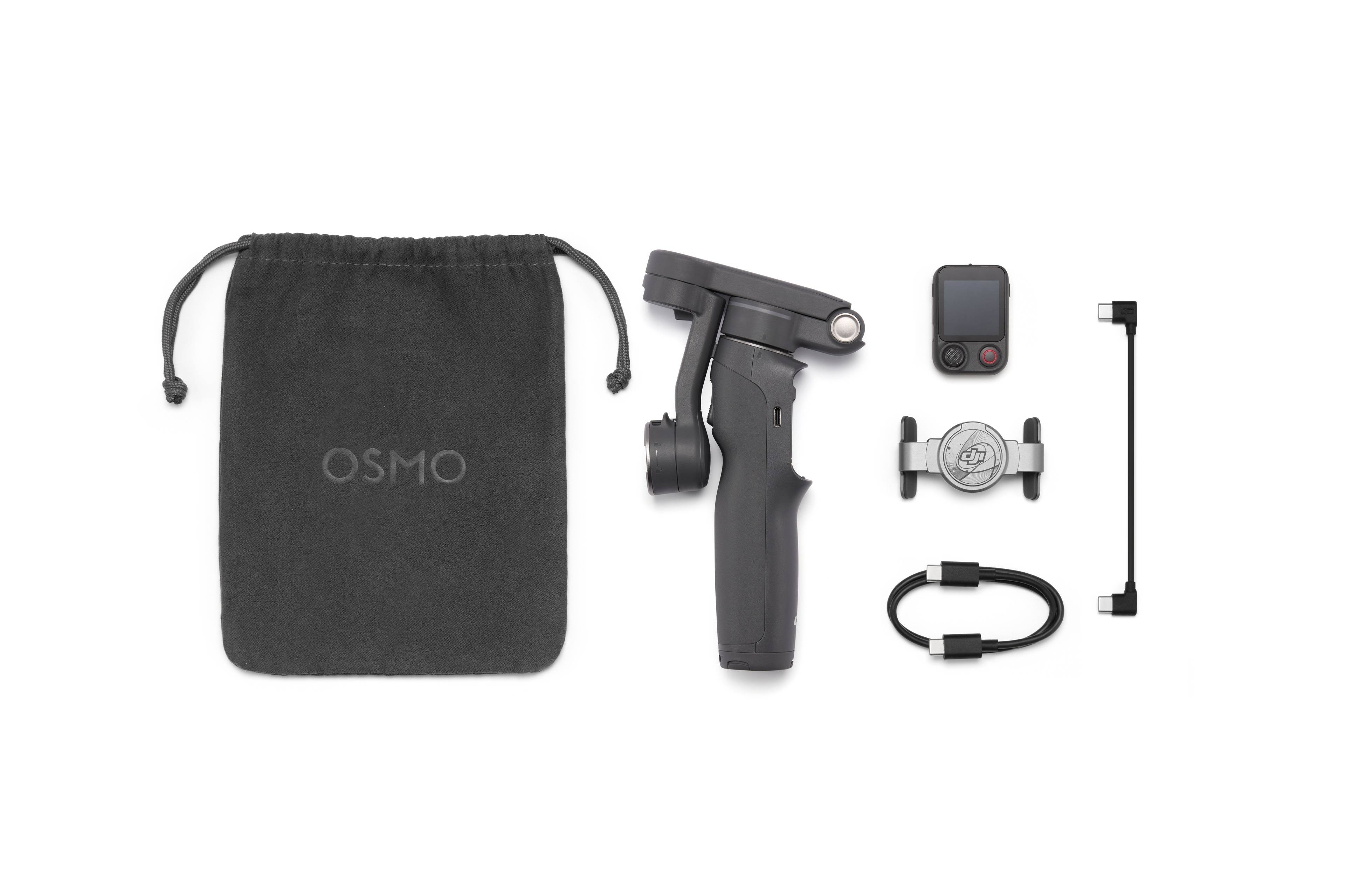 DJI Osmo Mobile 8P Standard Combo mit Griff, Fernbedienung, Halterung und Tragetasche.