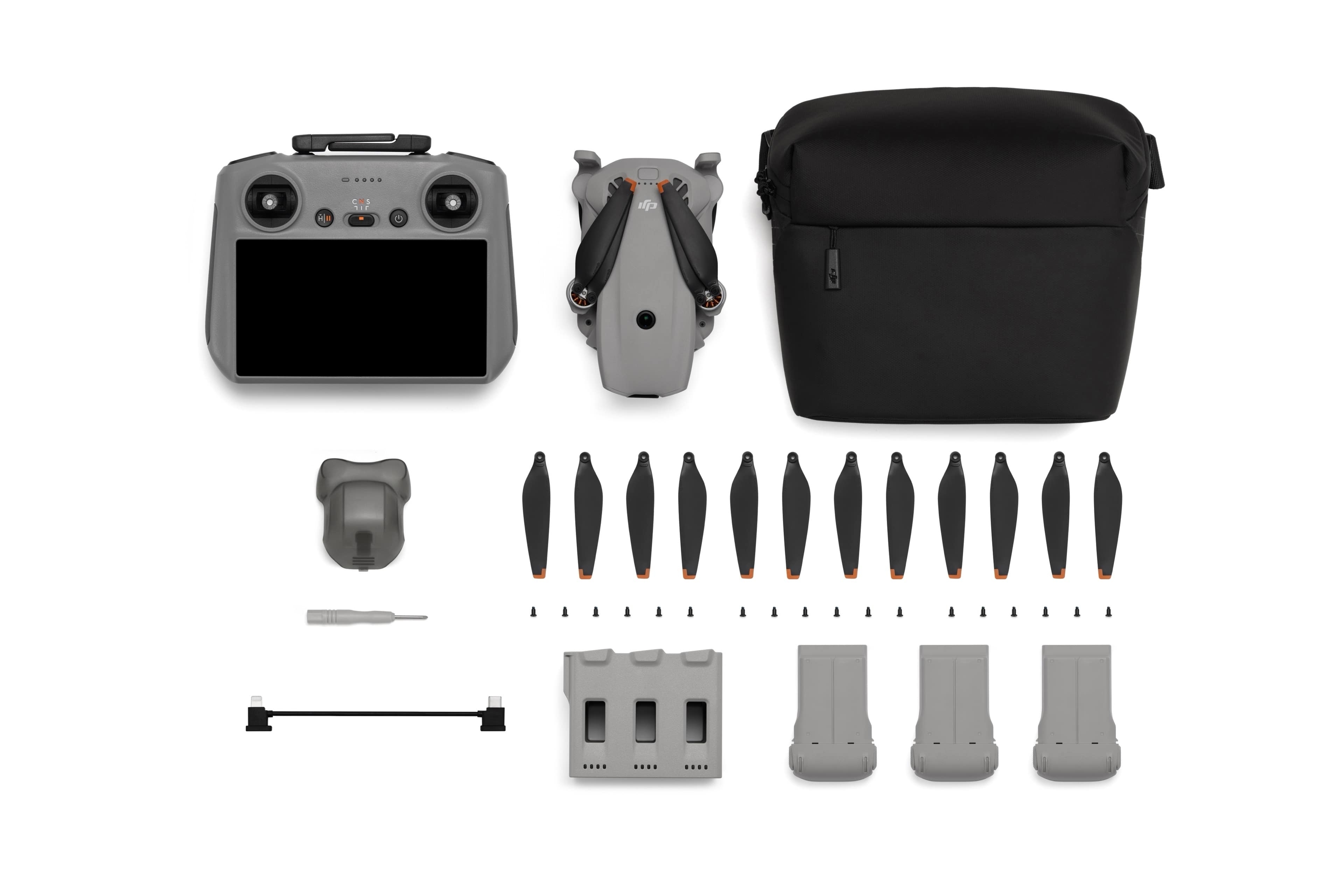 Lieferumfang des DJI Lito X1 Fly More Combo Plus mit DJI RC 2: Fernbedienung, Drohne, Propeller und Tasche.