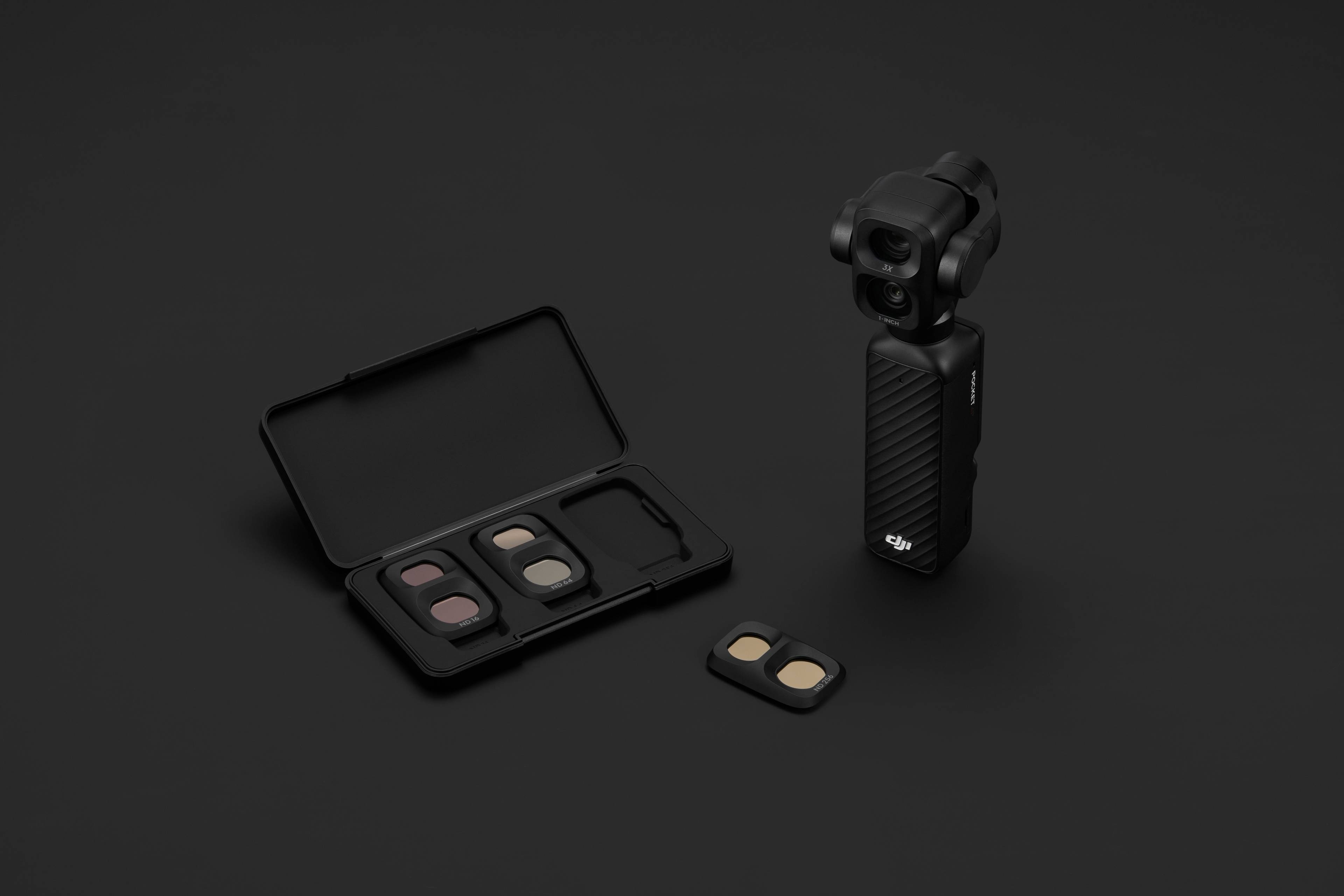 DJI Osmo Pocket 4P Magnetic ND Filter Set in stabilisierter Halterung mit Schutzcase und ND-Filter.