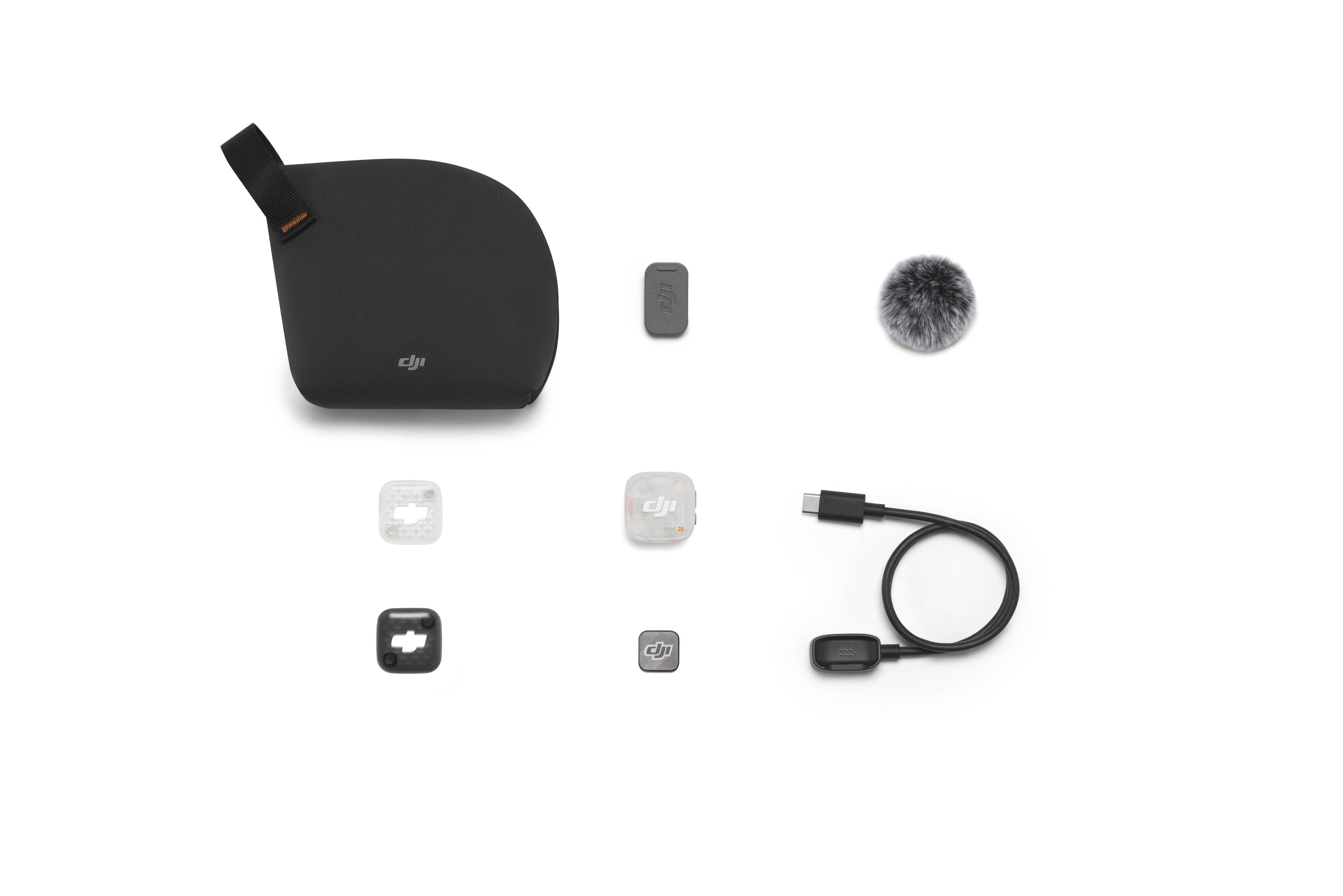 DJI Mic Mini 2S Transmitter: kompakter Sender mit Zubehör, ideal für qualitativ hochwertige Audioaufnahme.
