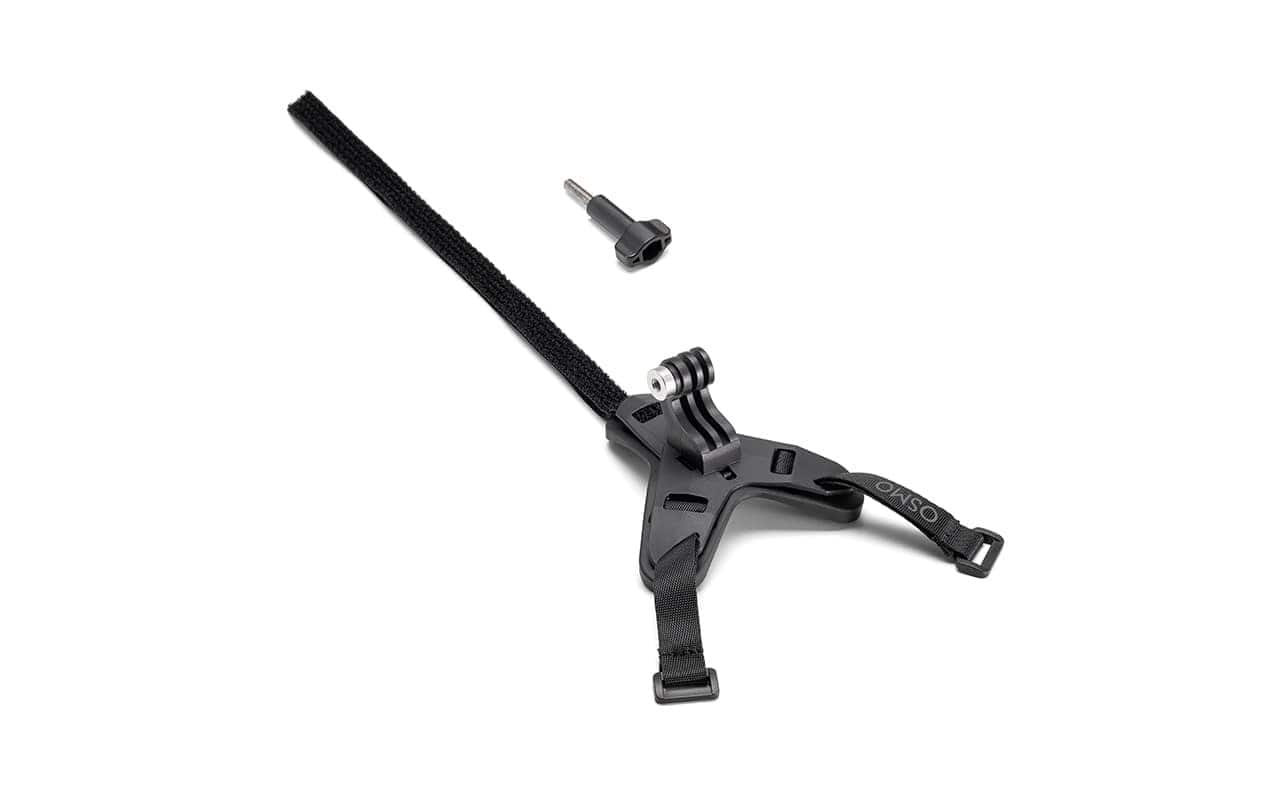 DJI Osmo Action Helm-Kinnhalterung in Schwarz mit verstellbarem Band und Halterungselement.