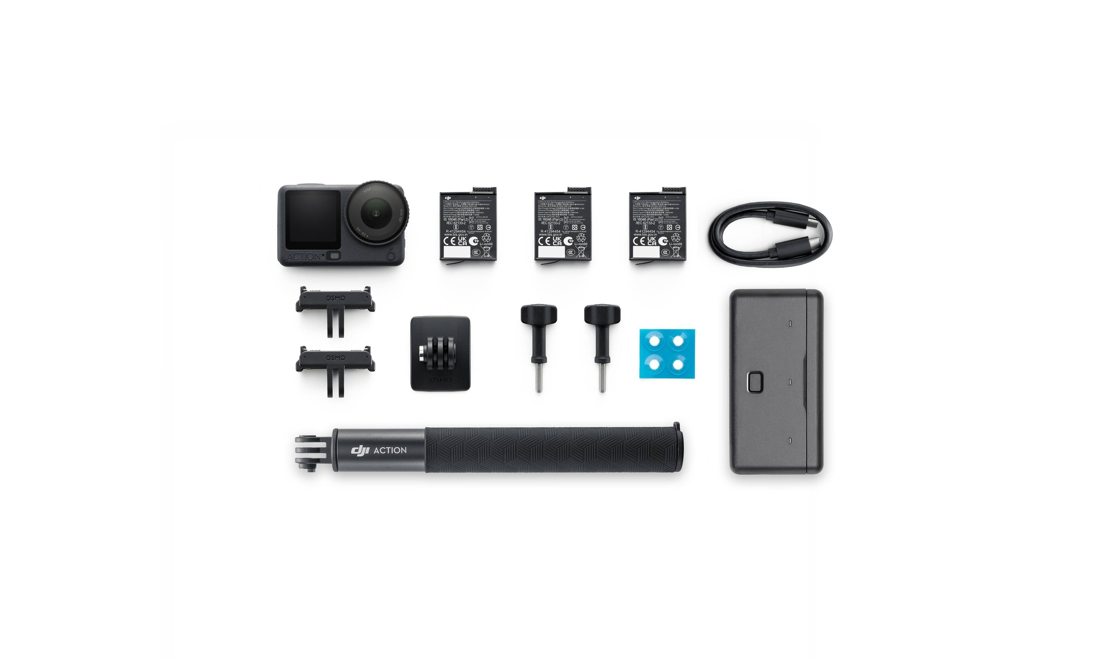 DJI Action 6 Adventure Combo: Zubehörset mit Kamera, Speicherkarten, Stativ und Ladegerät.