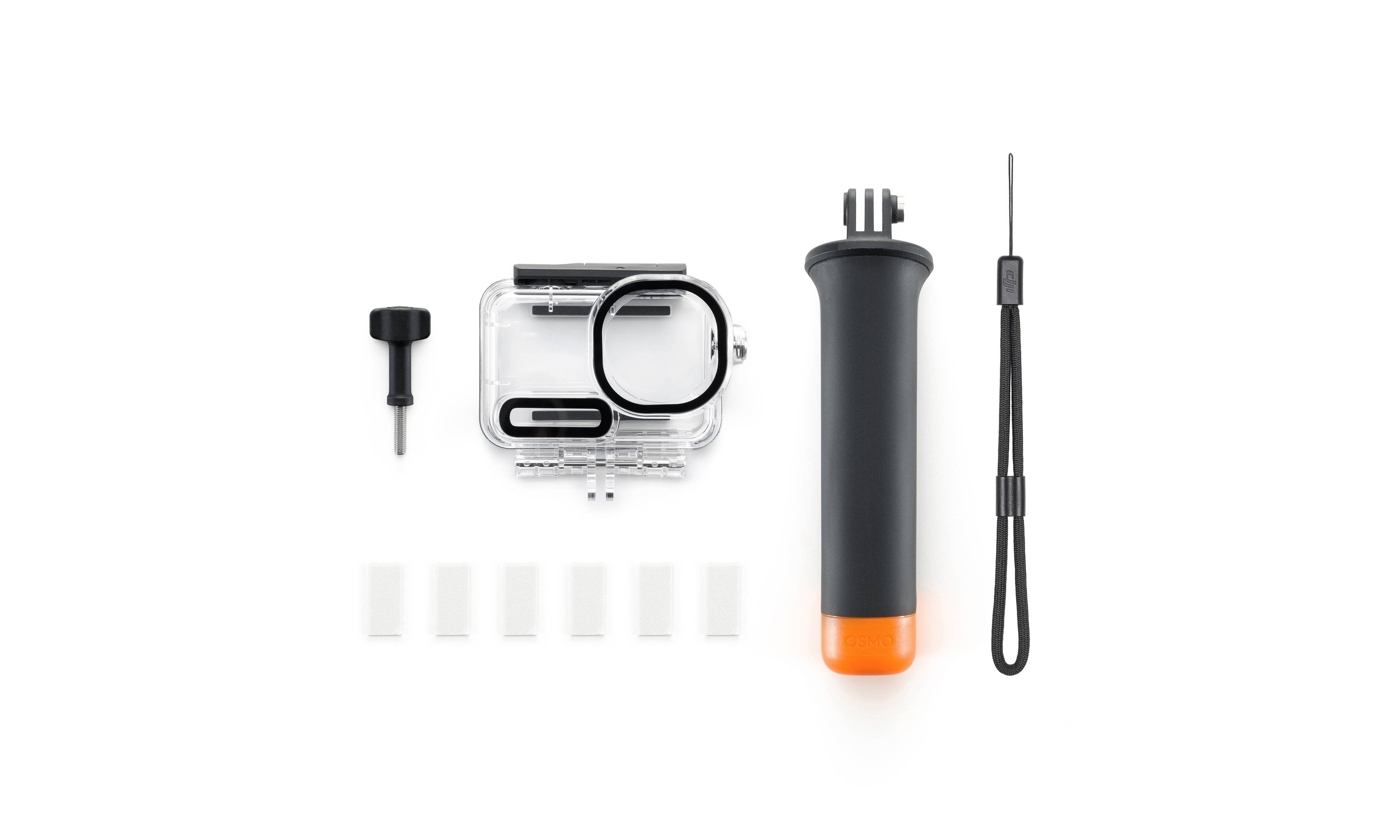 DJI Osmo Action 6 Diving Accessory Kit mit Gehäuse, Griff, Halterung und Zubehörteilen für Unterwasseraufnahmen.