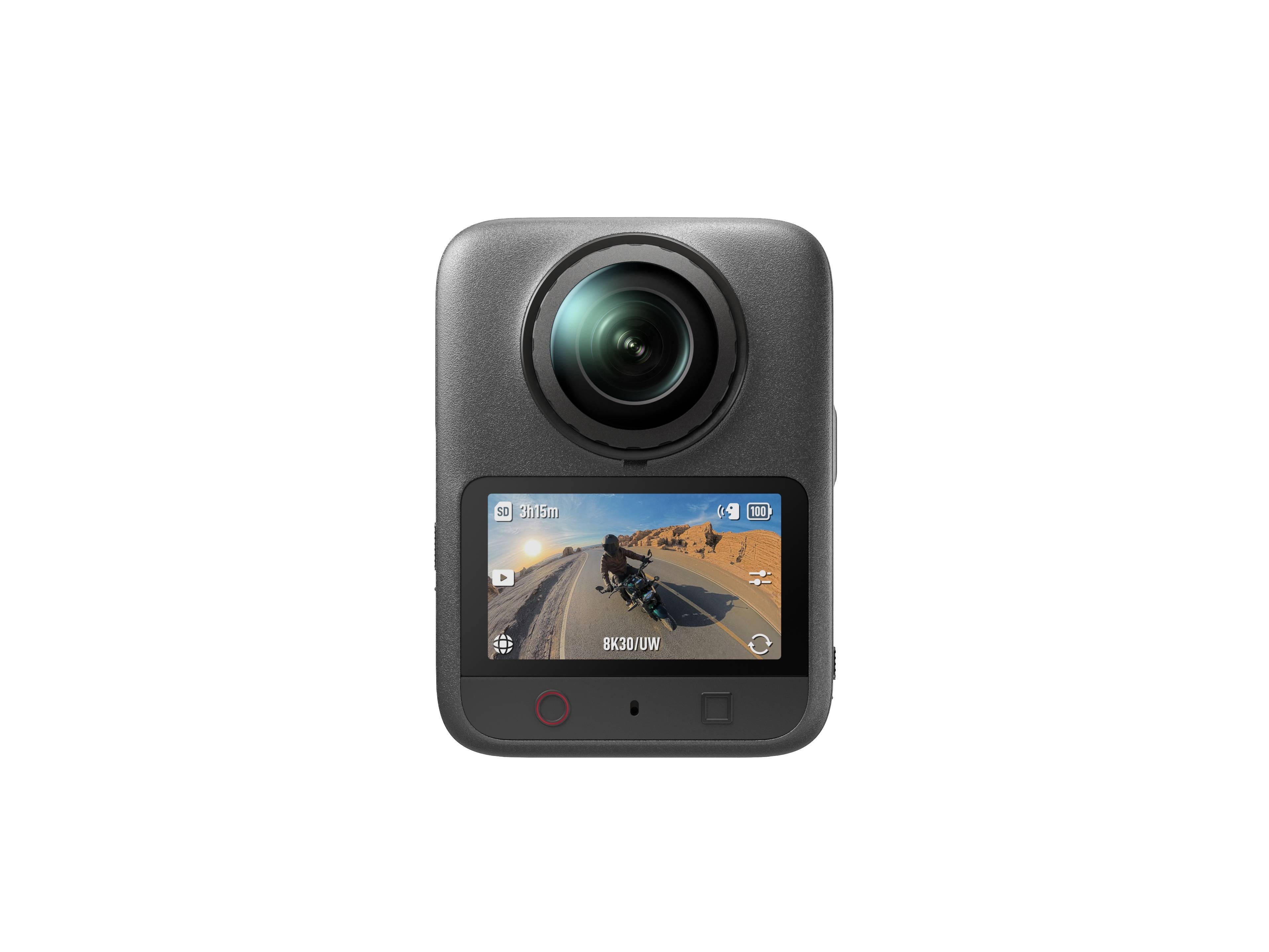 DJI Osmo 360 II: Kompakte 360-Grad-Kamera mit vorderem Bildschirm und Weitwinkelobjektiv.
