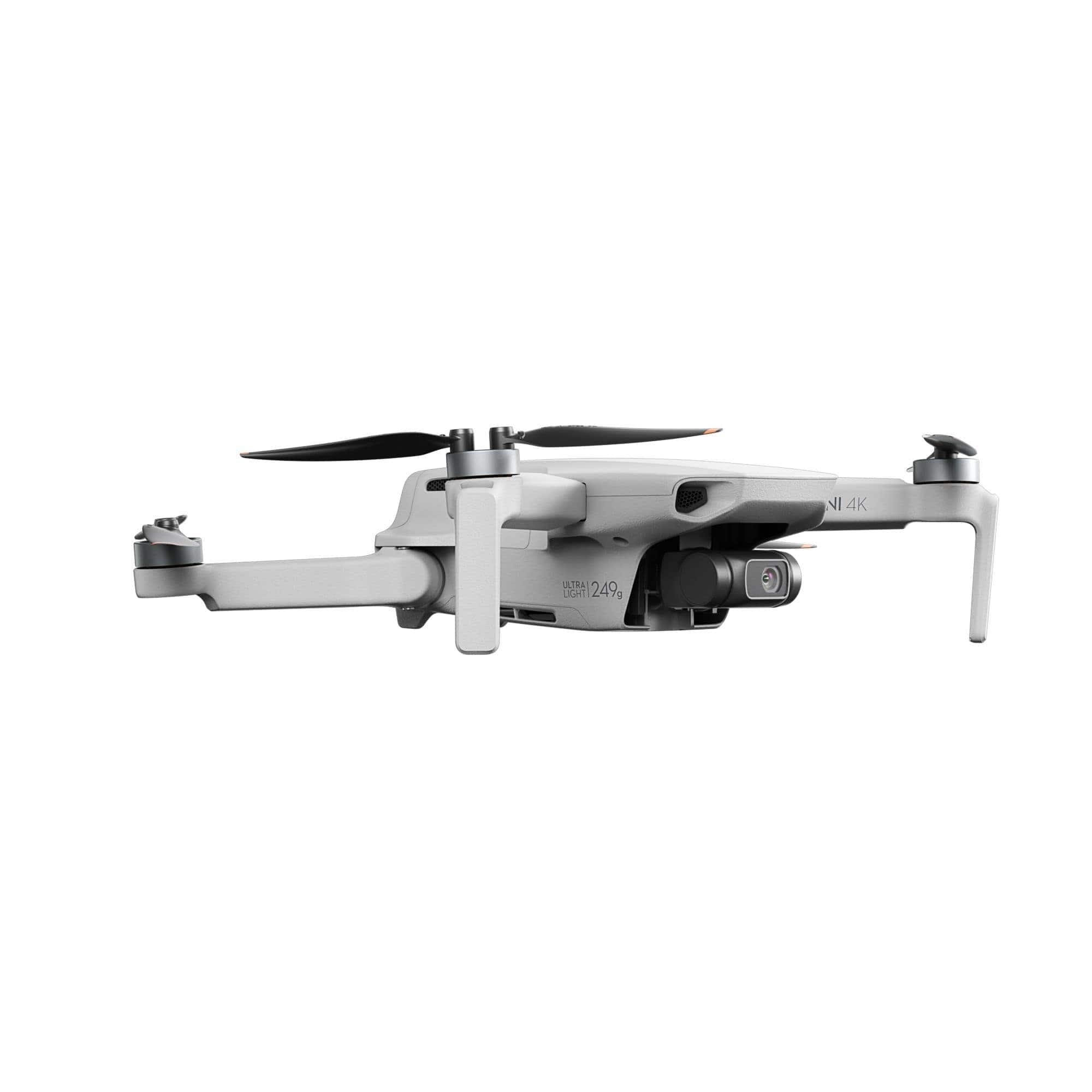 Seitenansicht der DJI Mini 4K Drohne mit kompaktem Design und Kamera für beeindruckende Luftaufnahmen.