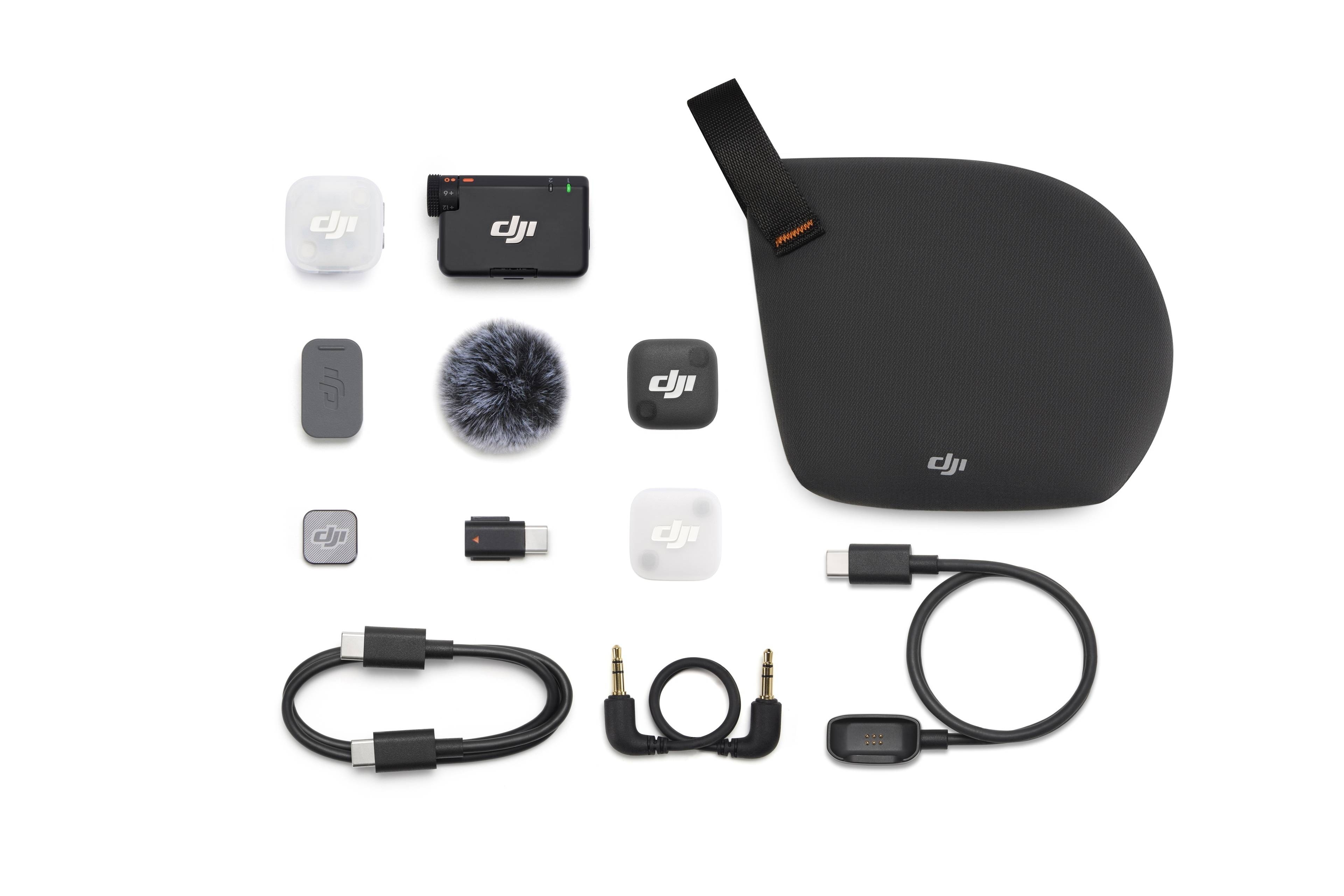 Lieferumfang des DJI Mic Mini 2: 1 TX, 1 RX und diverse Kabel und Zubehörteile.