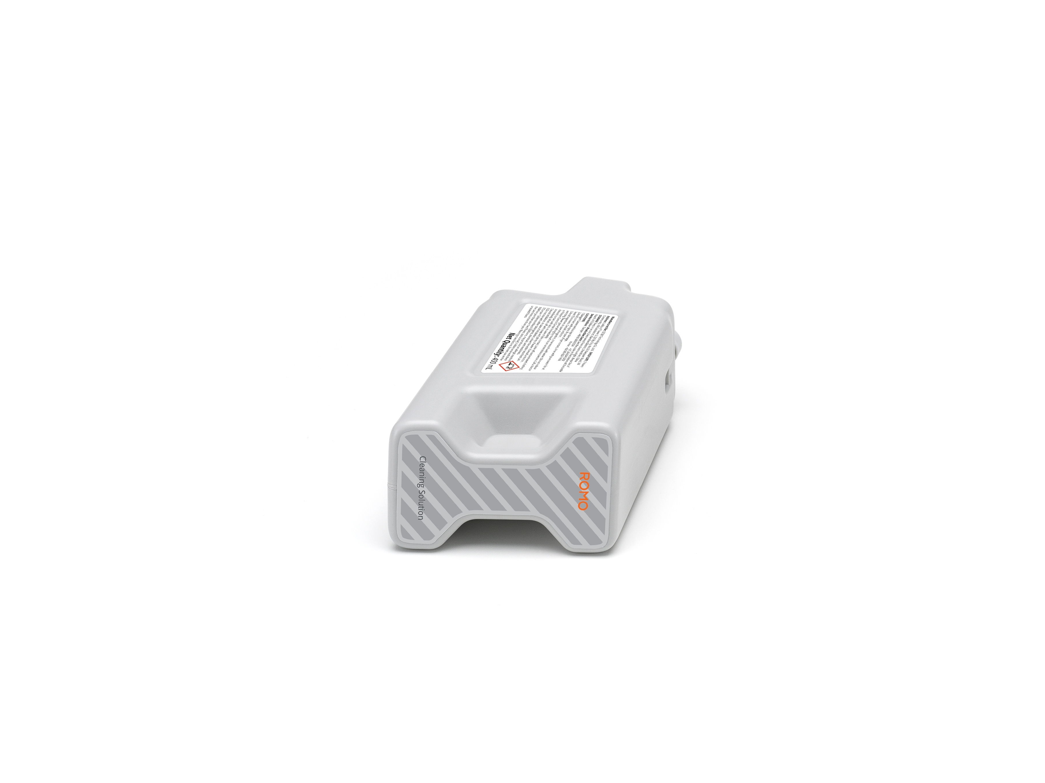DJI ROMO Reinigungsflüssigkeit in grauem Behälter mit markantem Design für die Pflege von Drohnen.