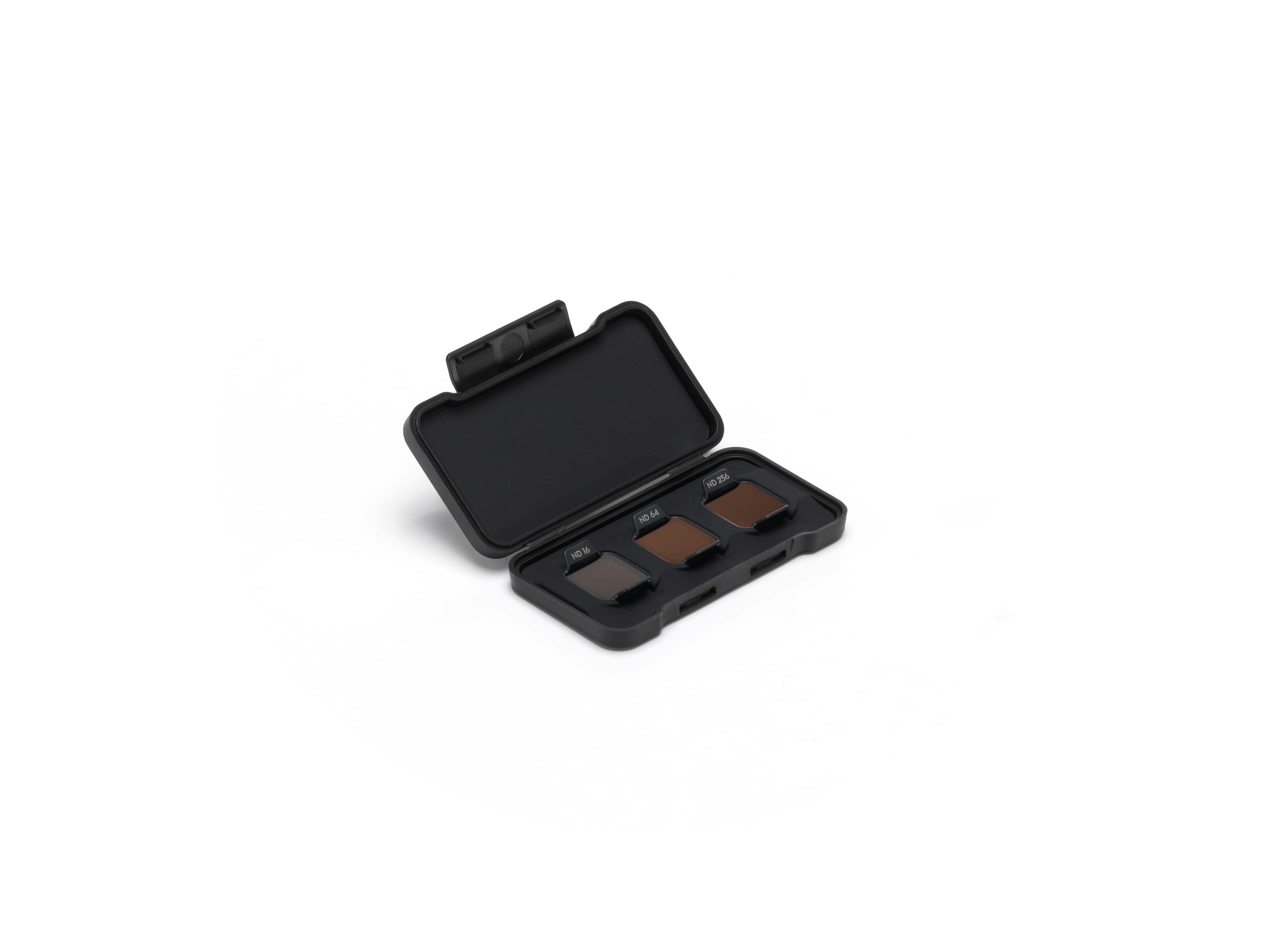 DJI Flip ND Filters Set (ND16/64/256) in aufklappbarem Etui, seitliche Ansicht mit drei Filtern.