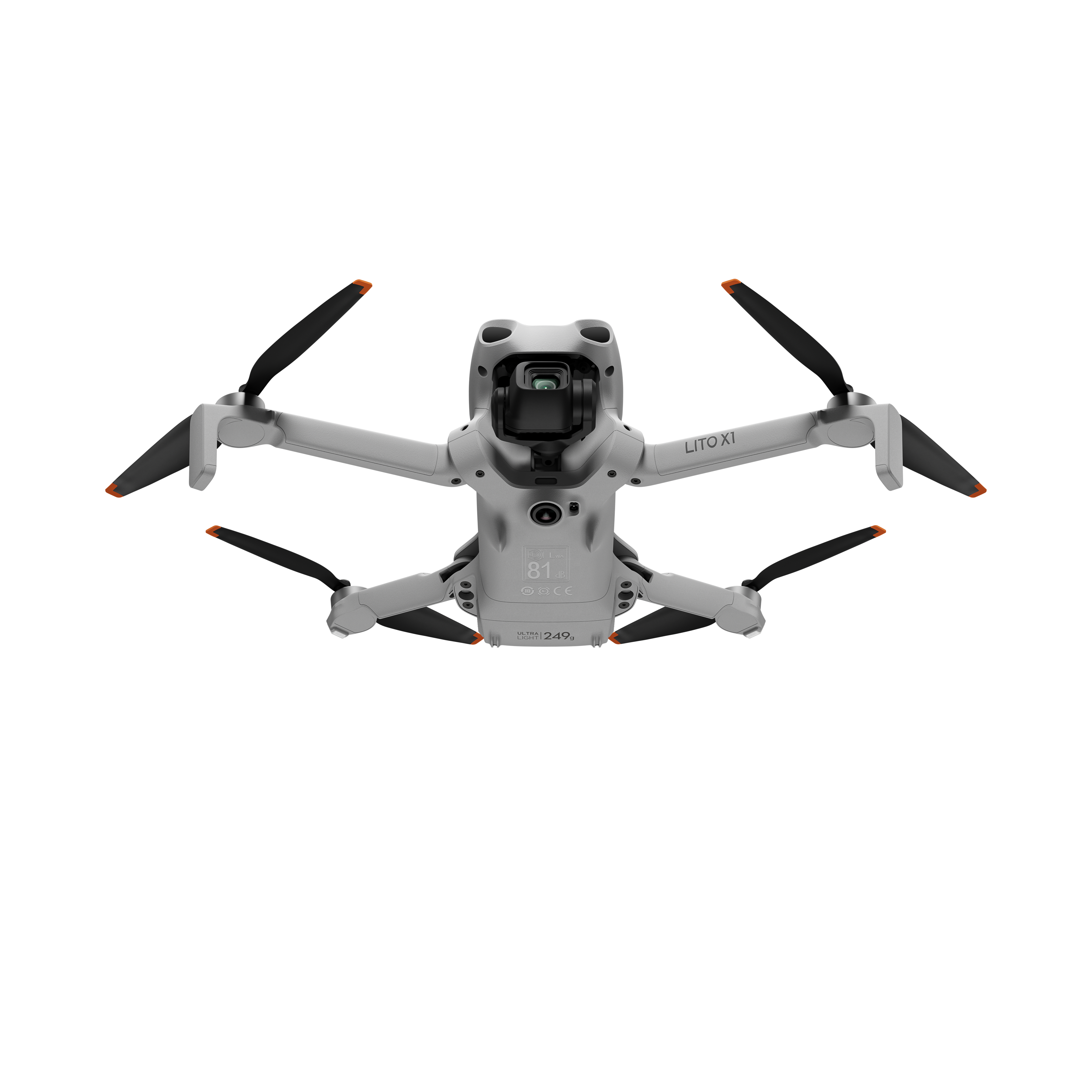 DJI Lito X1: Unteransicht des Drohnen-Modells mit aktiven Rotoren und Kamerabereich.
