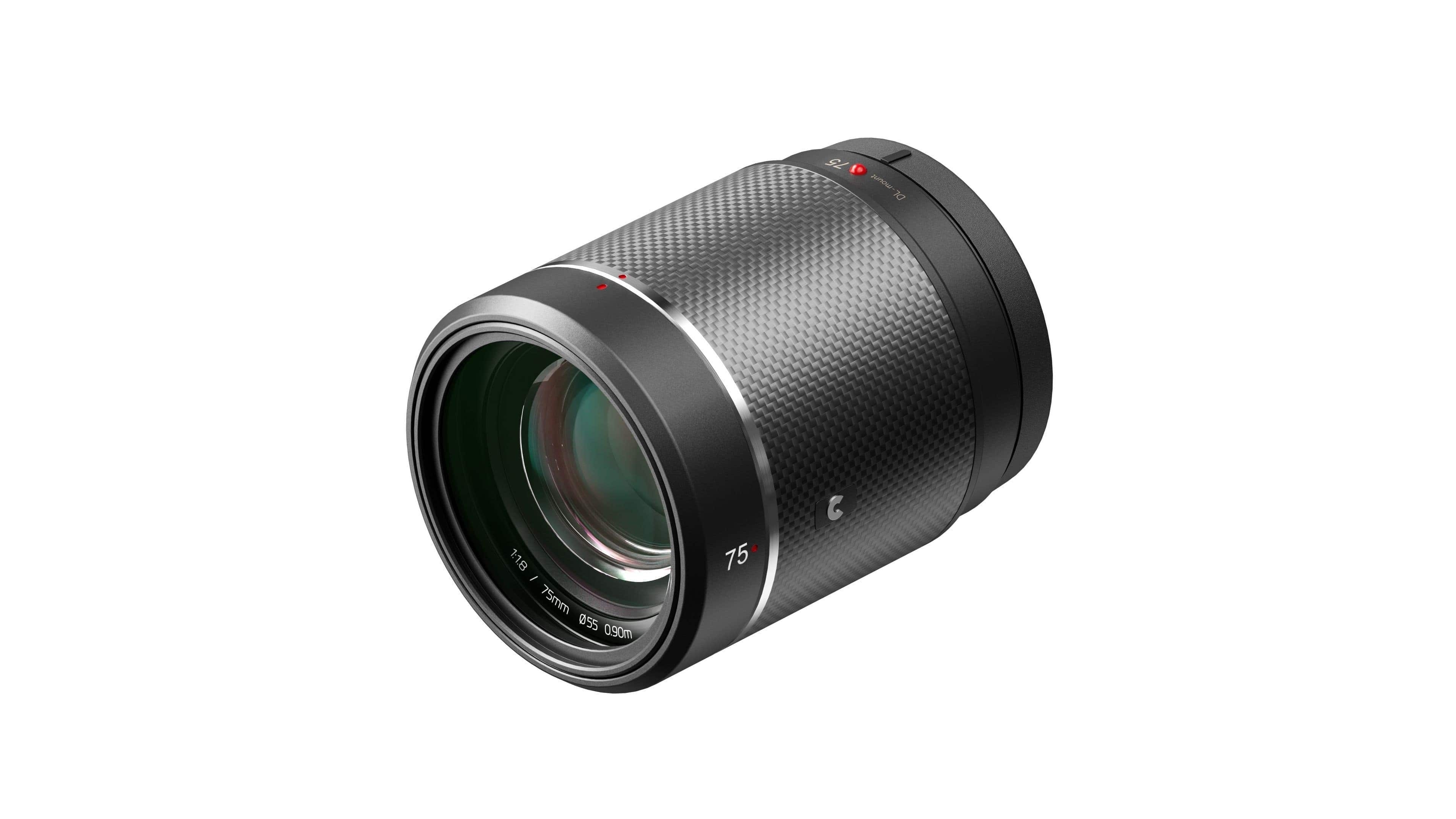DJI DL 75mm F1.8 Objektiv, liegend mit eleganten Linien und glasierter Frontlinse.