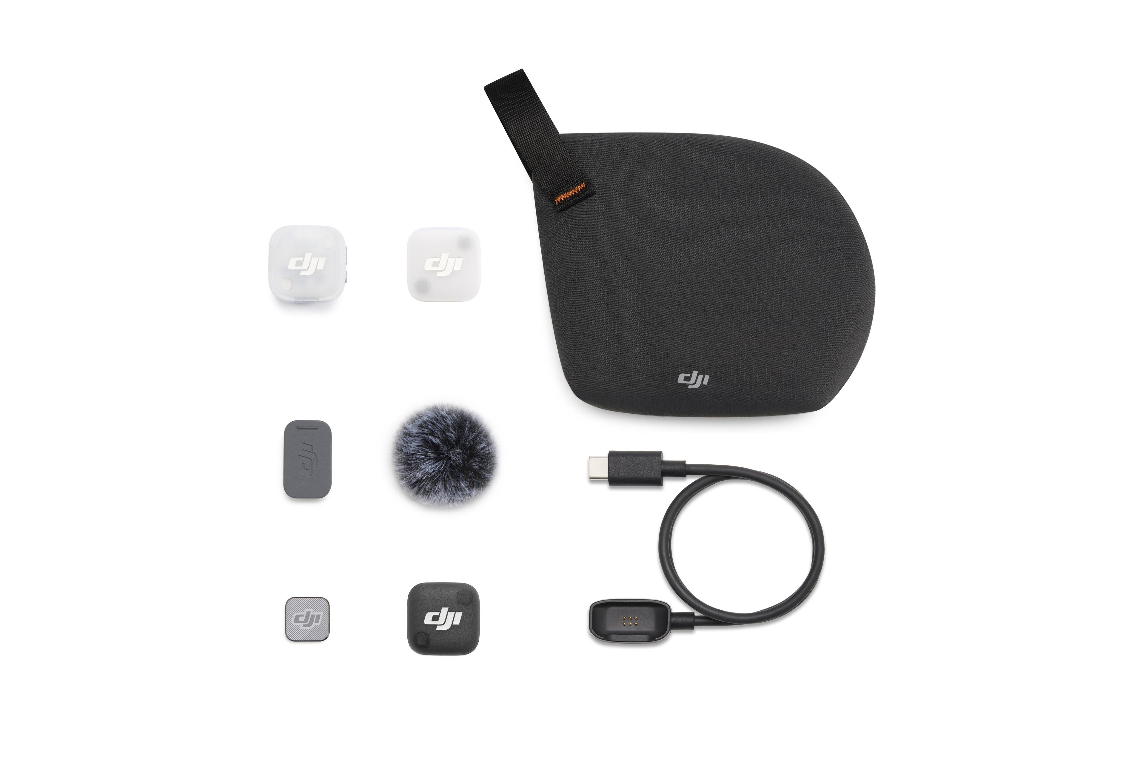 Lieferumfang des DJI Mic Mini 2 Transmitter mit verschiedenen Zubehörteilen und Kabel.