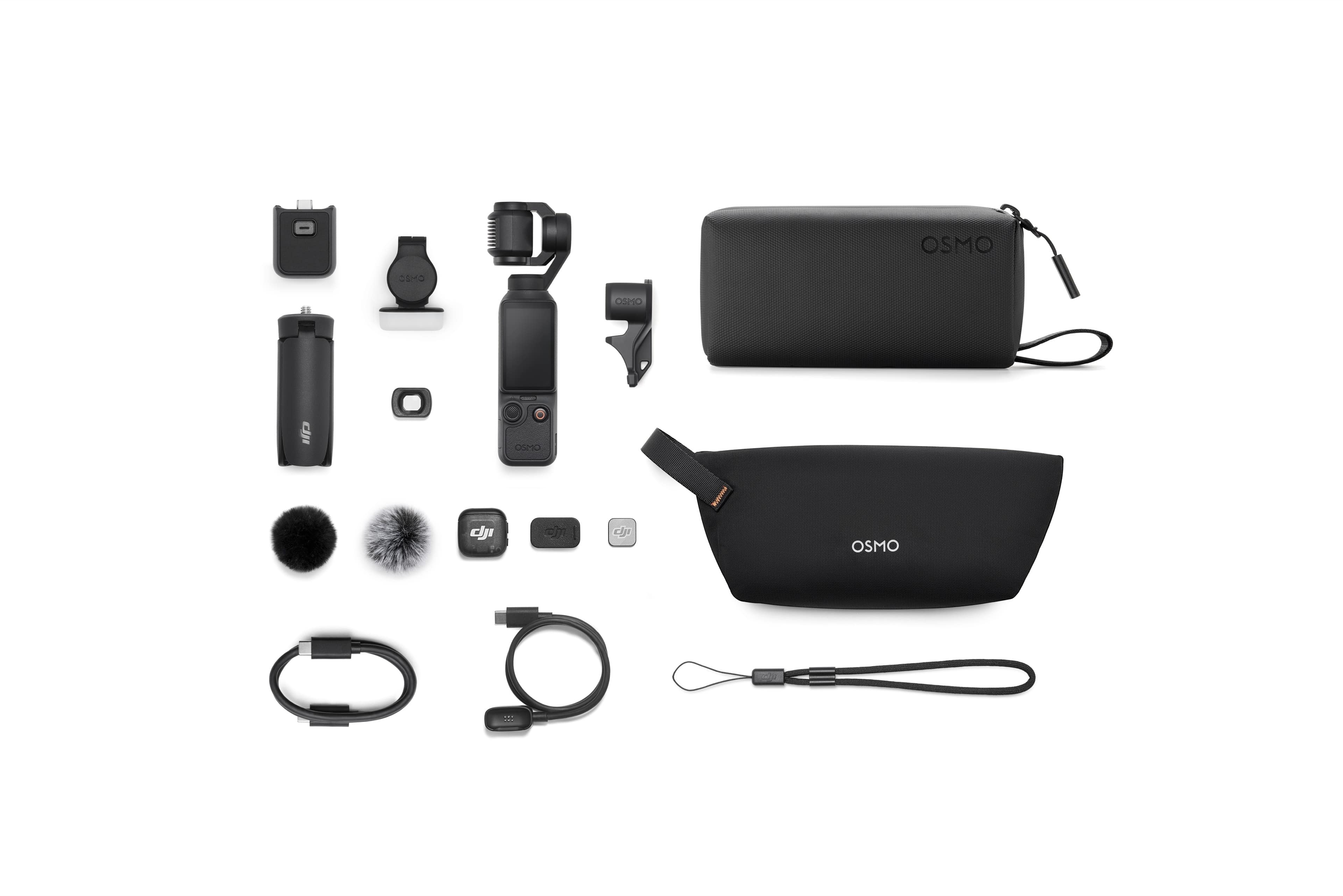 Zubehör des DJI Osmo Pocket 4 Creator Combo, einschließlich Taschen, Halterungen und Kabel.